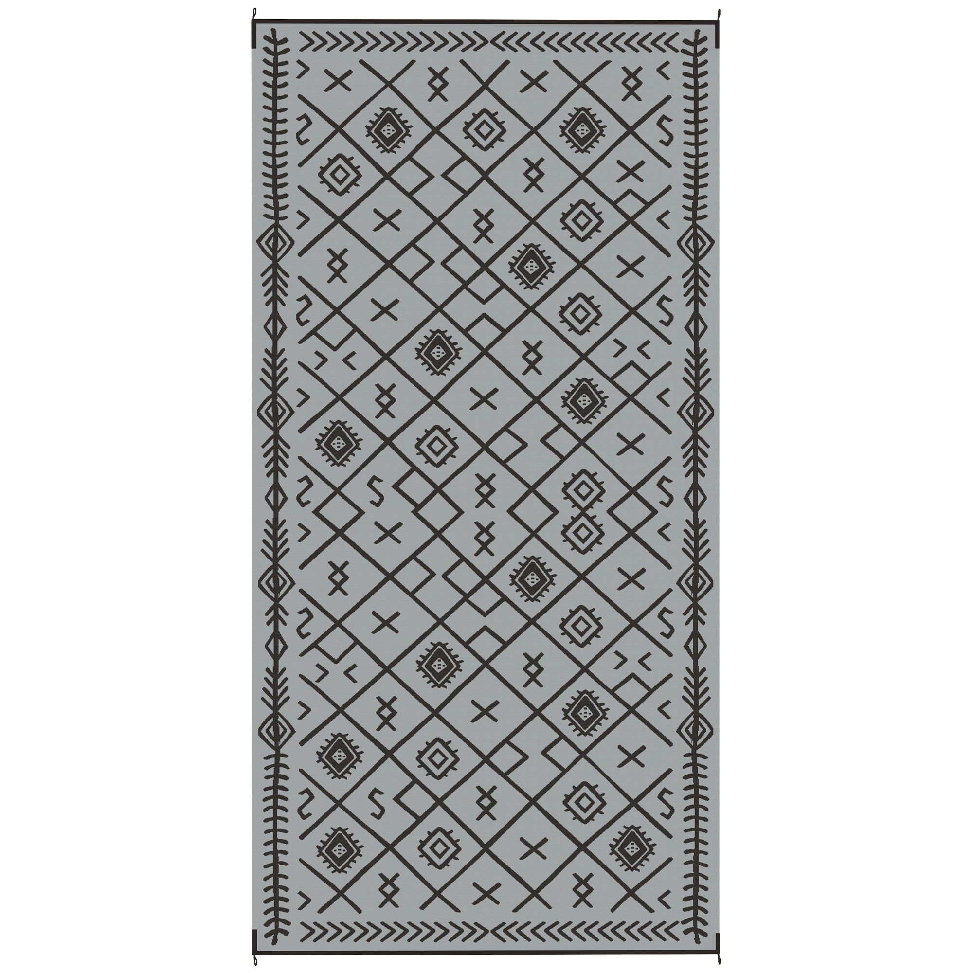 Reversible Outdoor Rug, Waterproof Plastic Straw with Carry Bag, 9' x 18', Black & Gray Rhombus
