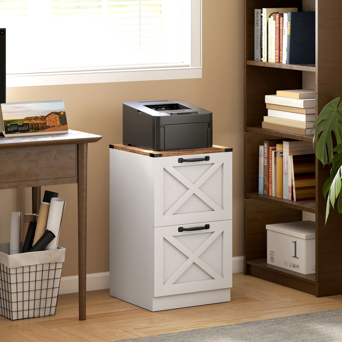 Vertical Storage Drawers Farmhouse X Pattern Printer Stand Fits Letter Files 2 Drawers White