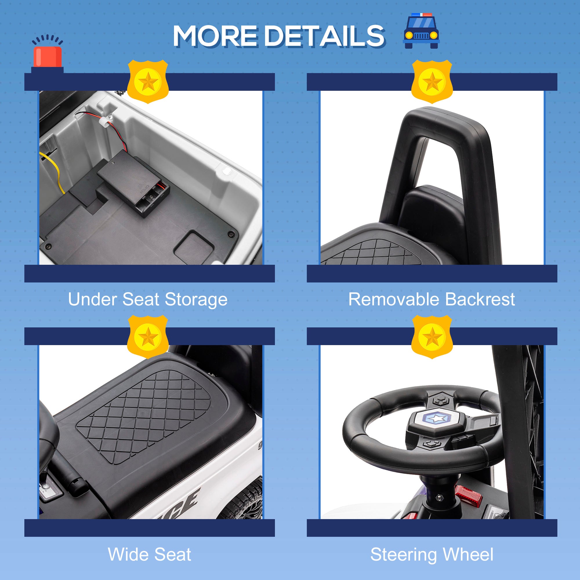 Kids Push Ride On Car with Working PA System and Horn, Police Truck Style Foot-to-Floor Sliding Car for Boys and Girls with Under-Seat Storage, for 18 Months to 5 Years Old, White