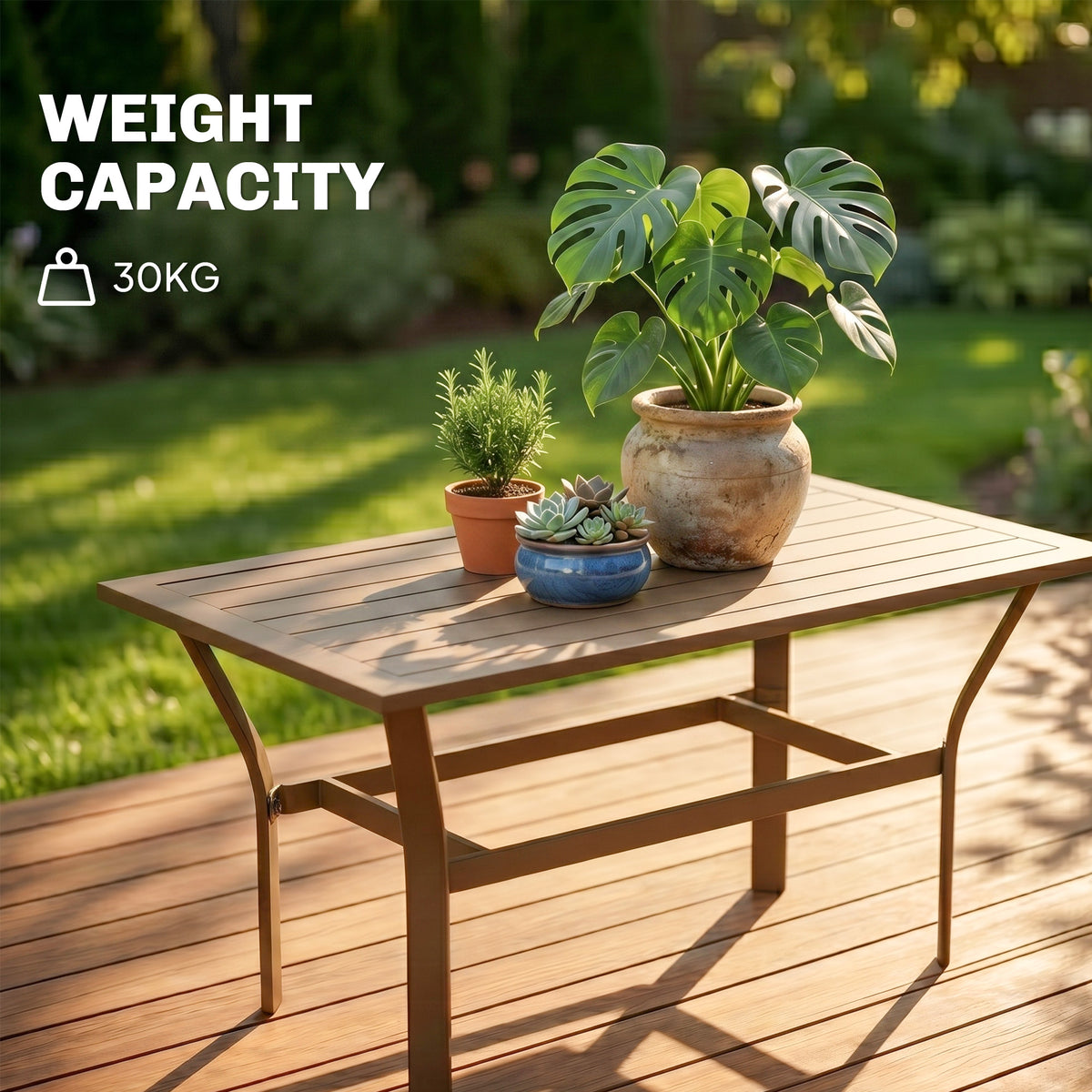 Outdoor Coffee Table with Slatted Tabletop, All-Weather Rectangle Metal Patio Coffee Table for Garden, Brown