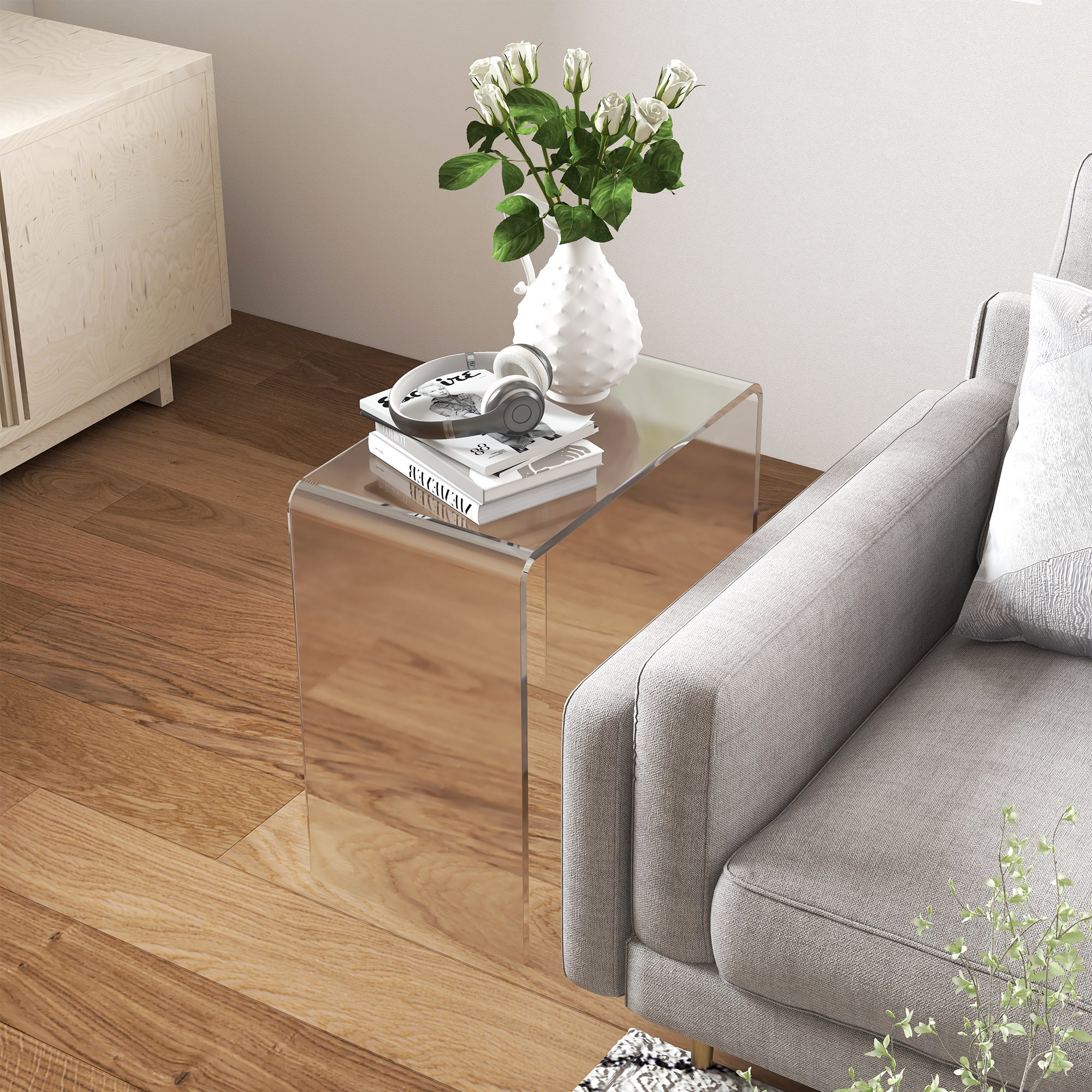 Modern Acrylic End Table, Waterfall Side Table with Rounded Edges and Storage for Small Spaces, 21" x 12" x 21", Clear