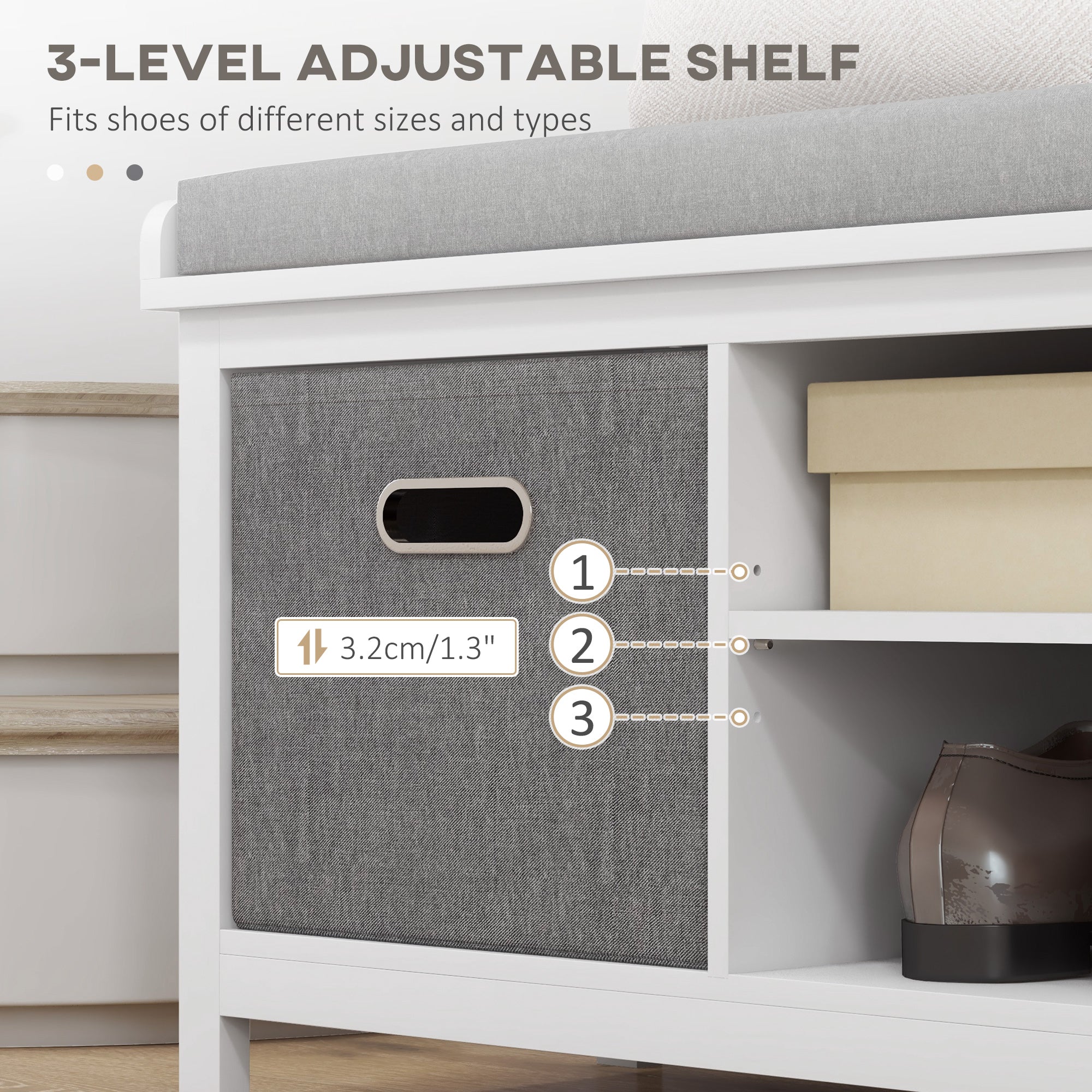 Shoe Storage Bench with Cushioned Seat, Entryway Bench Seat with 2 Drawers and Adjustable Shelf for Hallway, White