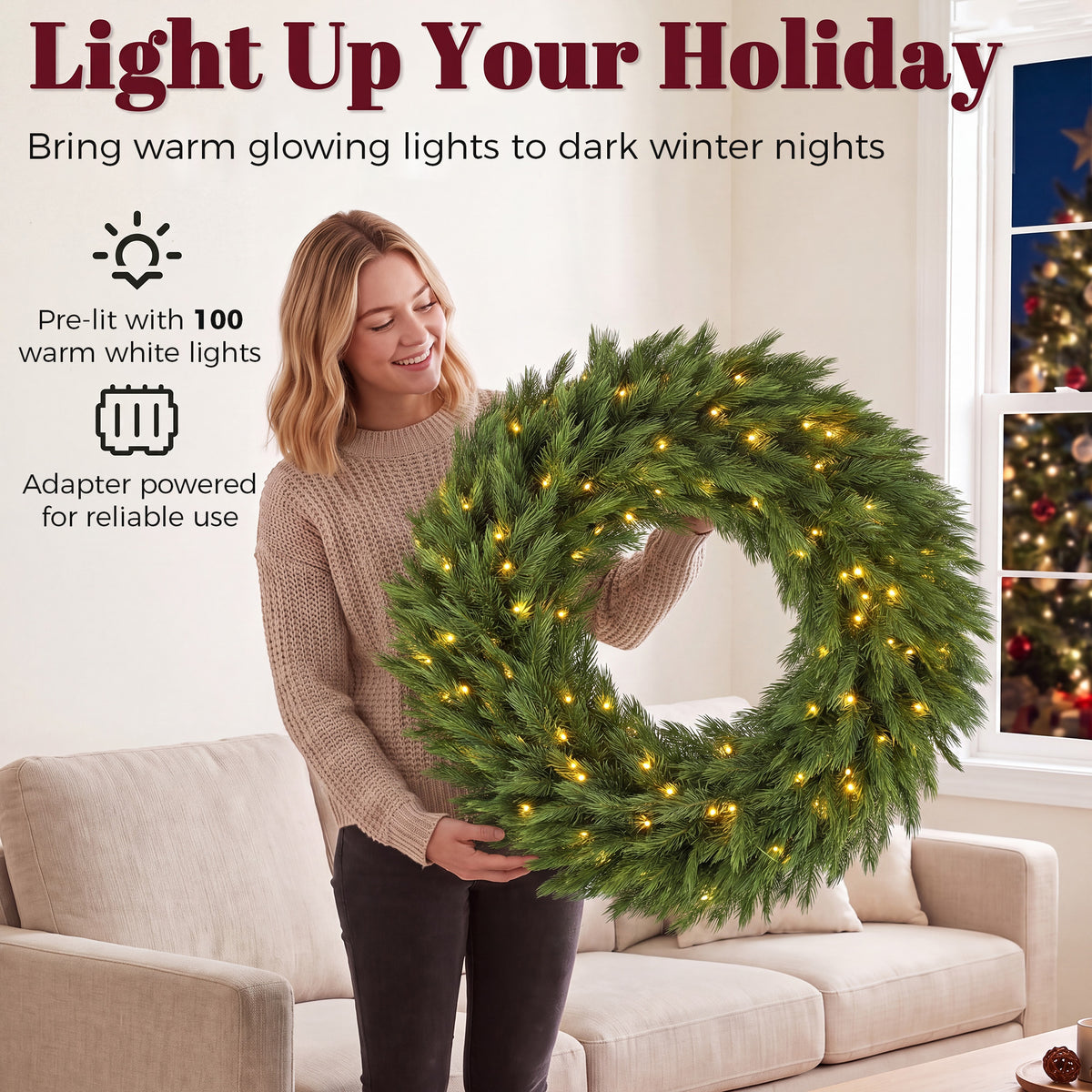 Christmas Decoration, 36 in Pre-Lit Norwegian Spruce Artificial Christmas Wreath with 100 LED Lights, Green