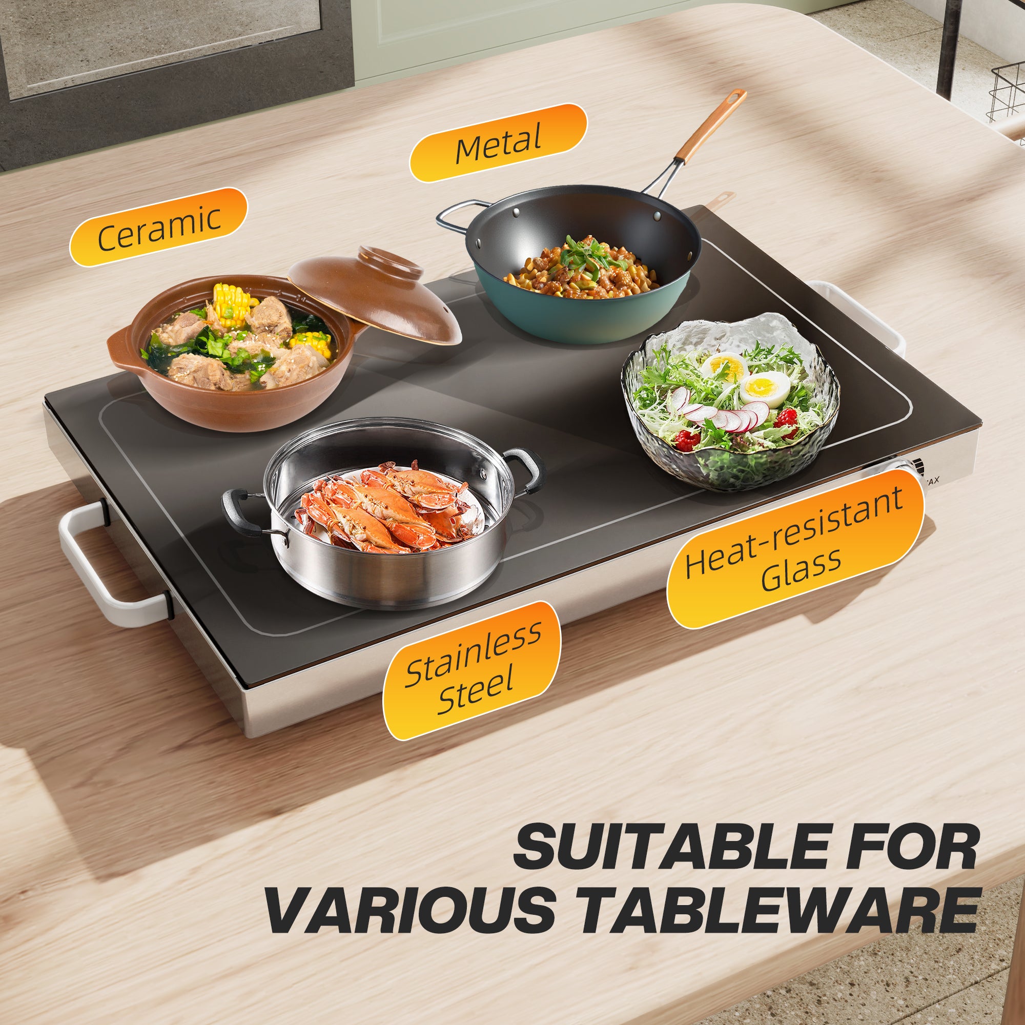 Food Warmer with Adjustable Temperature, Electric Warming Tray with Cool-Touch Handles for Parties, Buffets, Black