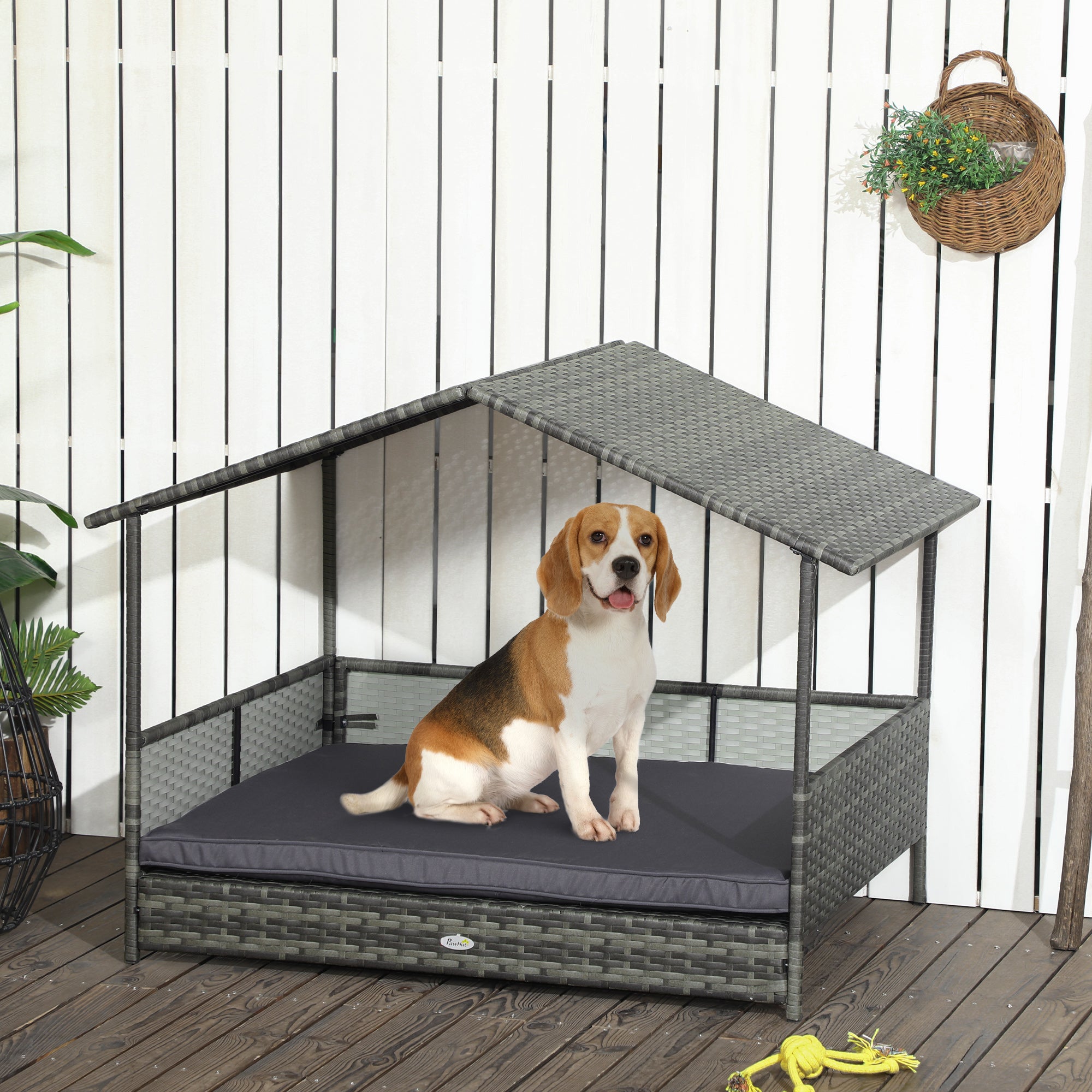 Outdoor Dog Bed with Canopy, Rattan Dog Bed with Soft Cushion Removable Cover for Medium and Large Dogs, Dark Gray - Dark Gray - Image 2