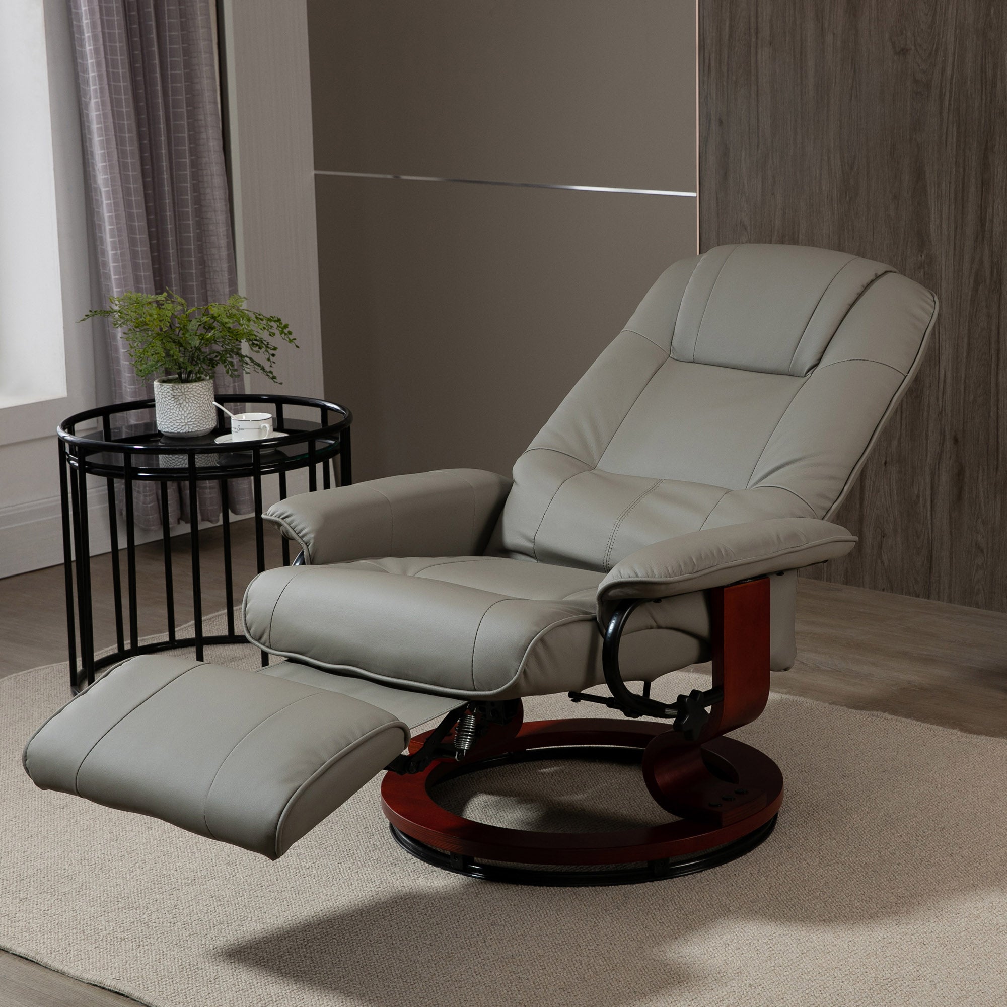Faux Leather Manual Recliner, Adjustable Swivel Lounge Chair with Footrest, Armrest and Wrapped Wood Base for Living Room, Gray