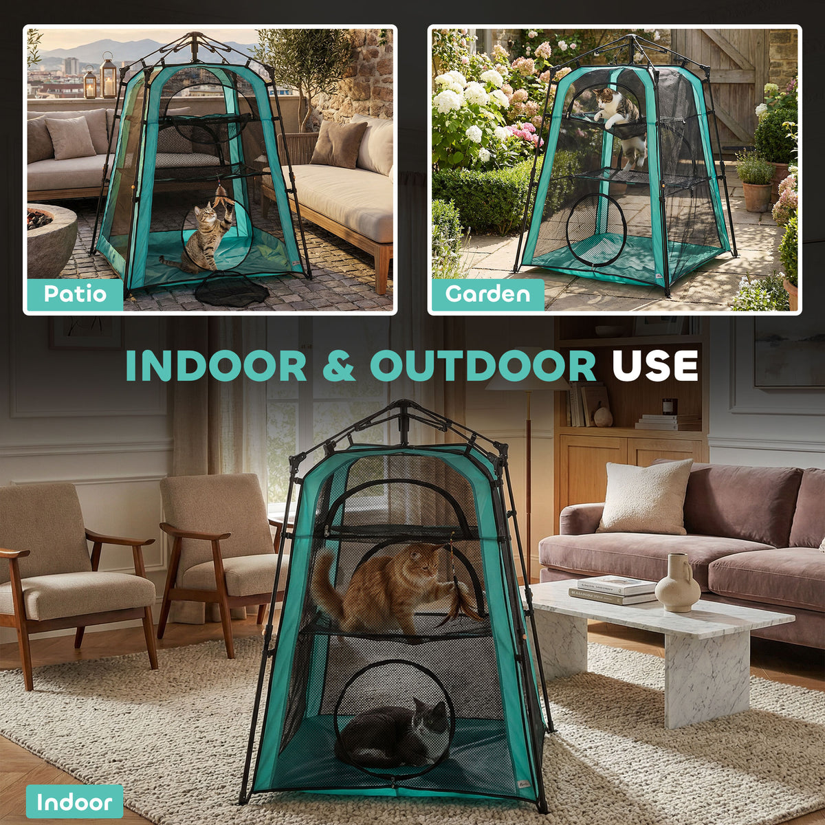 Catio Outdoor Cat Enclosure, 3-Tier Pop Up Cat Tent with Multi-Door Design, Breathable Mesh & Carry Bag, Green