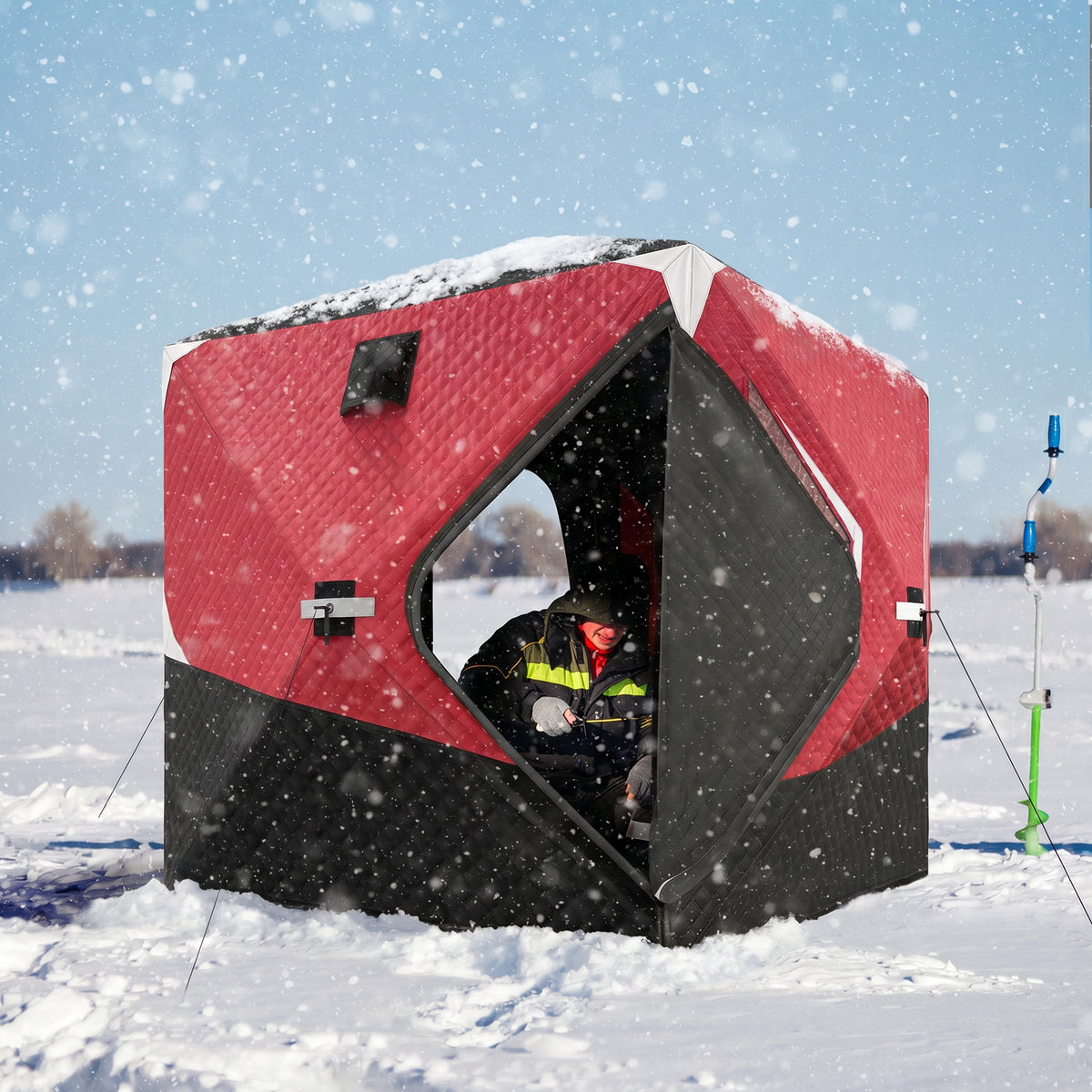 Insulated Pop-Up Ice Fishing Tent, 3-4 Person Portable Hub Style Ice Fishing Shelter with Double Zipper Doors
