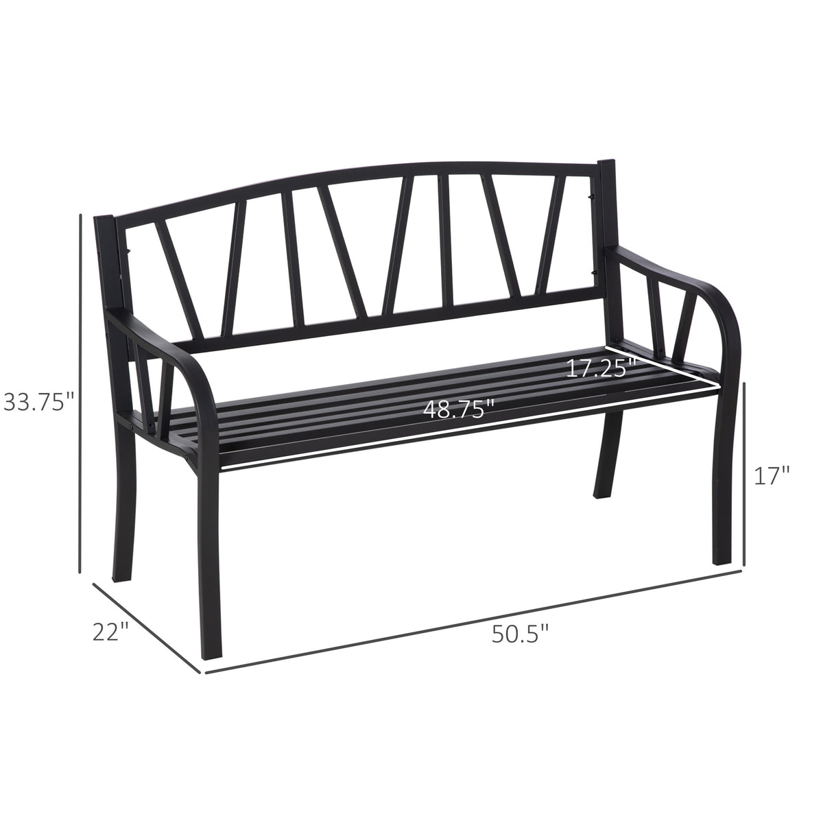 50" Outdoor Bench, Metal Garden Bench with V-Shaped Pattern Backrest, Porch Bench with Slatted Seat for Park, Yard, Lawn, Black