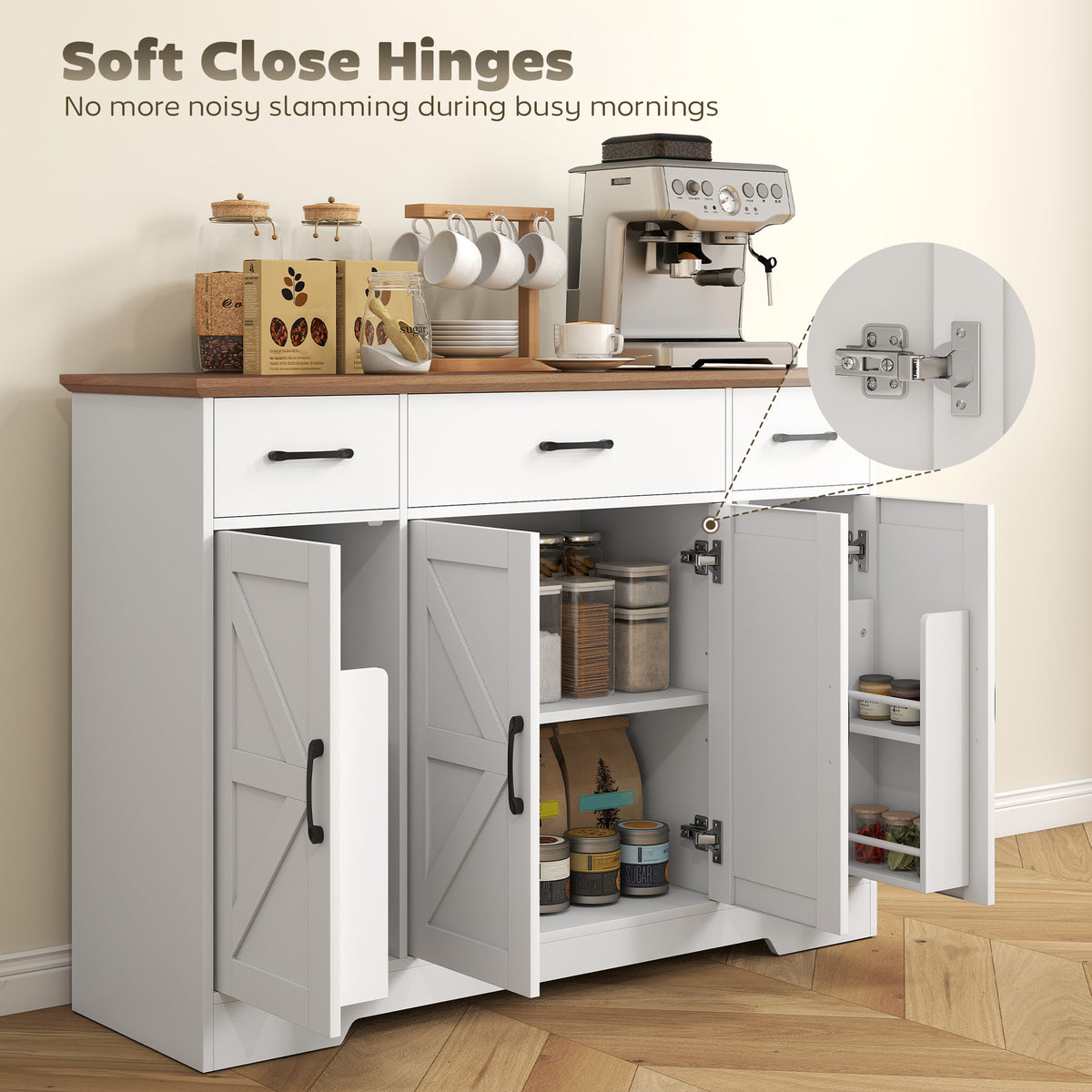 47" Buffet Cabinet with Soft-Close Hinges, Farmhouse Sideboard with 3 Drawers, Adjustable Shelves and Spice Racks, White