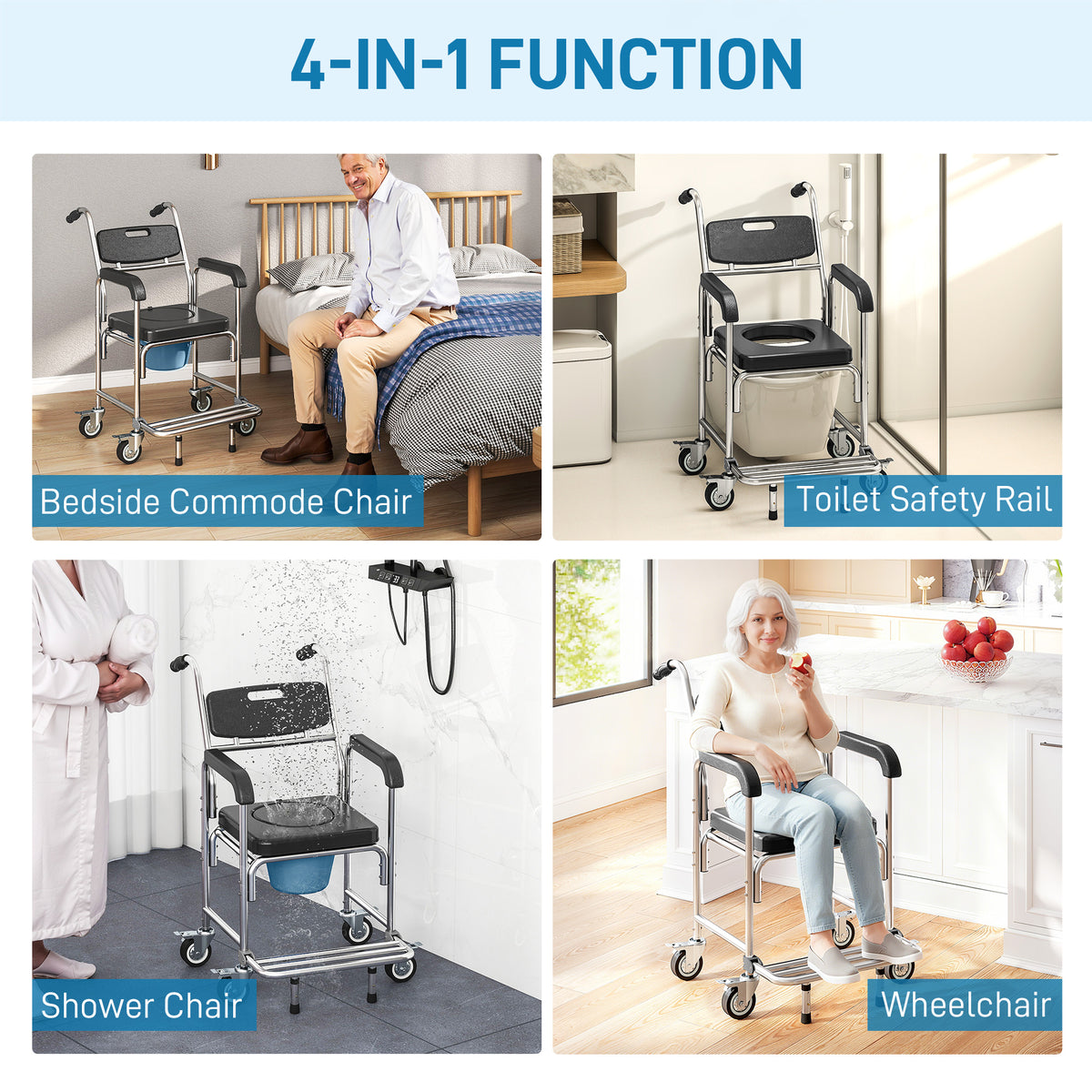 3-in-1 Shower Commode Wheelchair, Accessible Transport Commode Medical Rolling Chair, Black
