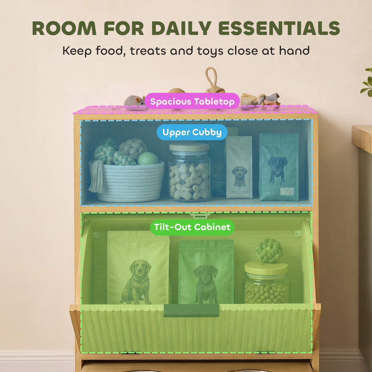 Dog Feeding Station with Storage, Hidden Pet Feeding Station with 2 Elevated Bowls, Tilt Out Storage Cabinet