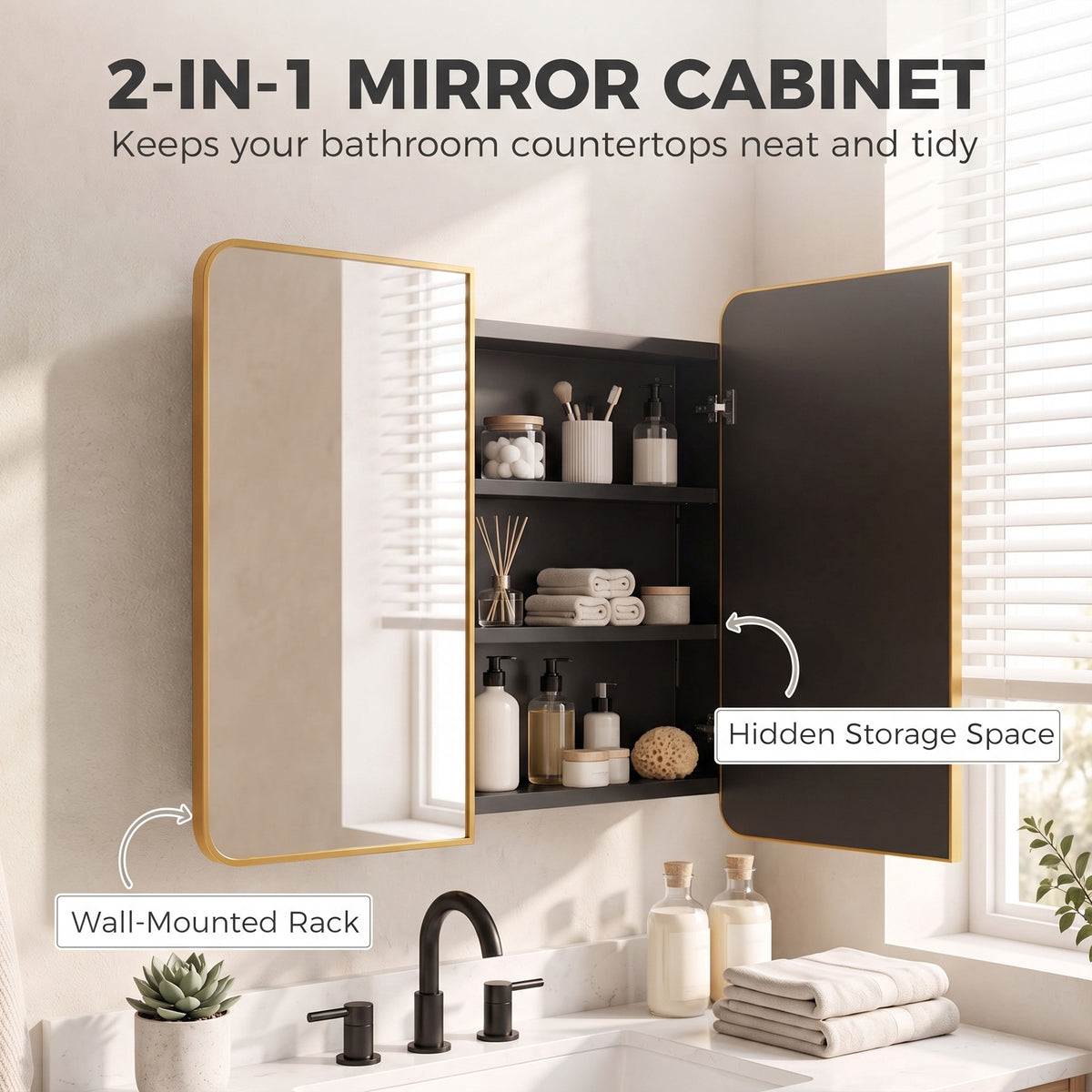 30" x 24" Medicine Cabinet with Mirror, Bathroom Mirror Cabinet with Adjustable Shelves, Wall-Mounted or Recessed, Gold