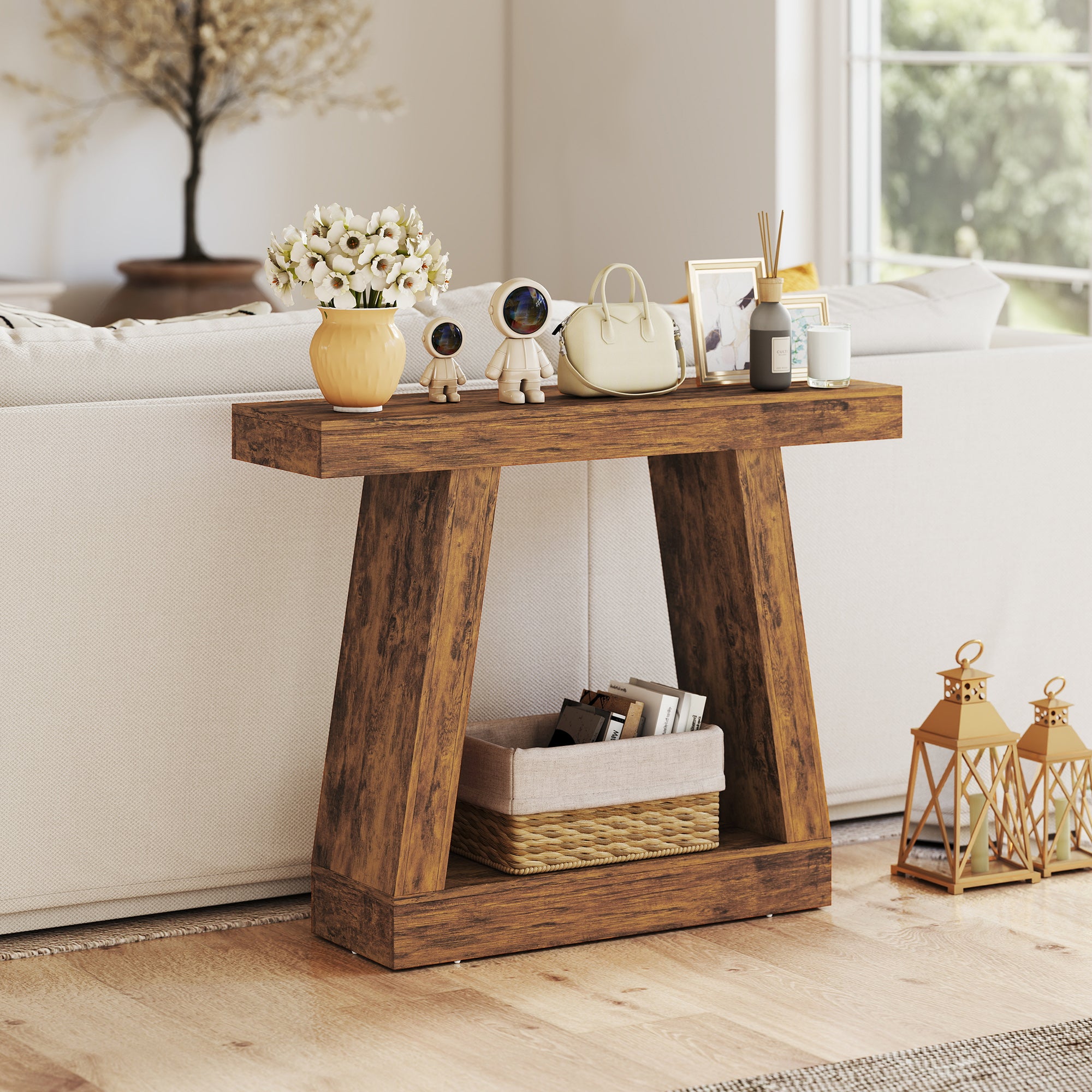 42" Farmhouse Console Table, 2-Tier Entryway Table with Storage for Hallway, Living Room, Behind Couch, Rustic Brown