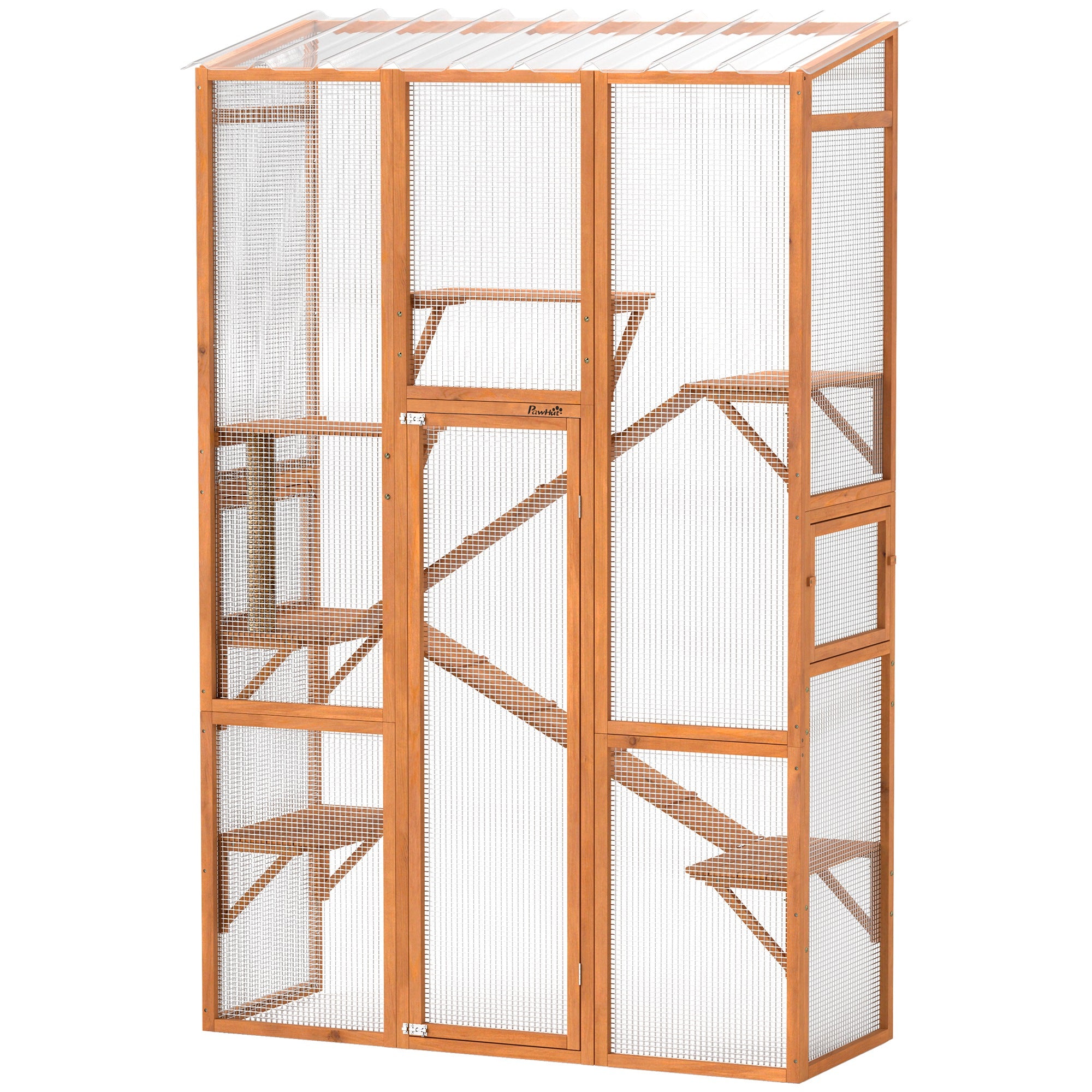 Outdoor Catio Cat Enclosure, Large Wooden Cat House with 6 Jumping Platforms, Scratching Post, 2 Ramps, for 2-3 Kittens - Orange