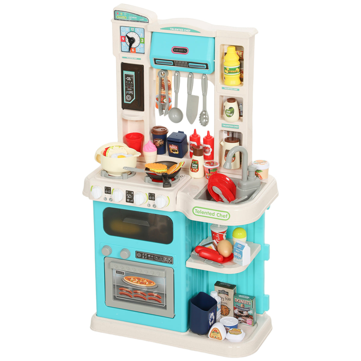 Kids Play Kitchen Toy Set, Chef Pretend Kitchen Playset with Real Lights & Sounds, 92 Pcs Toy Food, Ages 3-6, Green