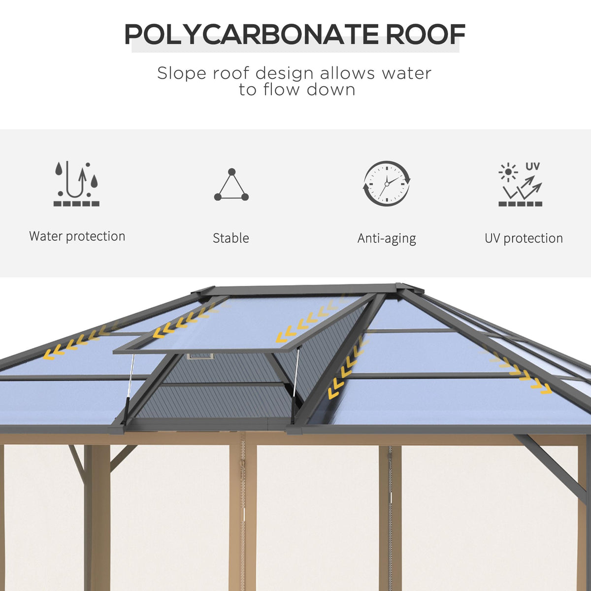 10' x 12' Hardtop Gazebo Canopy with Polycarbonate Roof, Aluminum Frame, Permanent Pavilion Outdoor Gazebo with Netting, for Patio, Garden, Backyard, Deck, Lawn, Gray, Brown