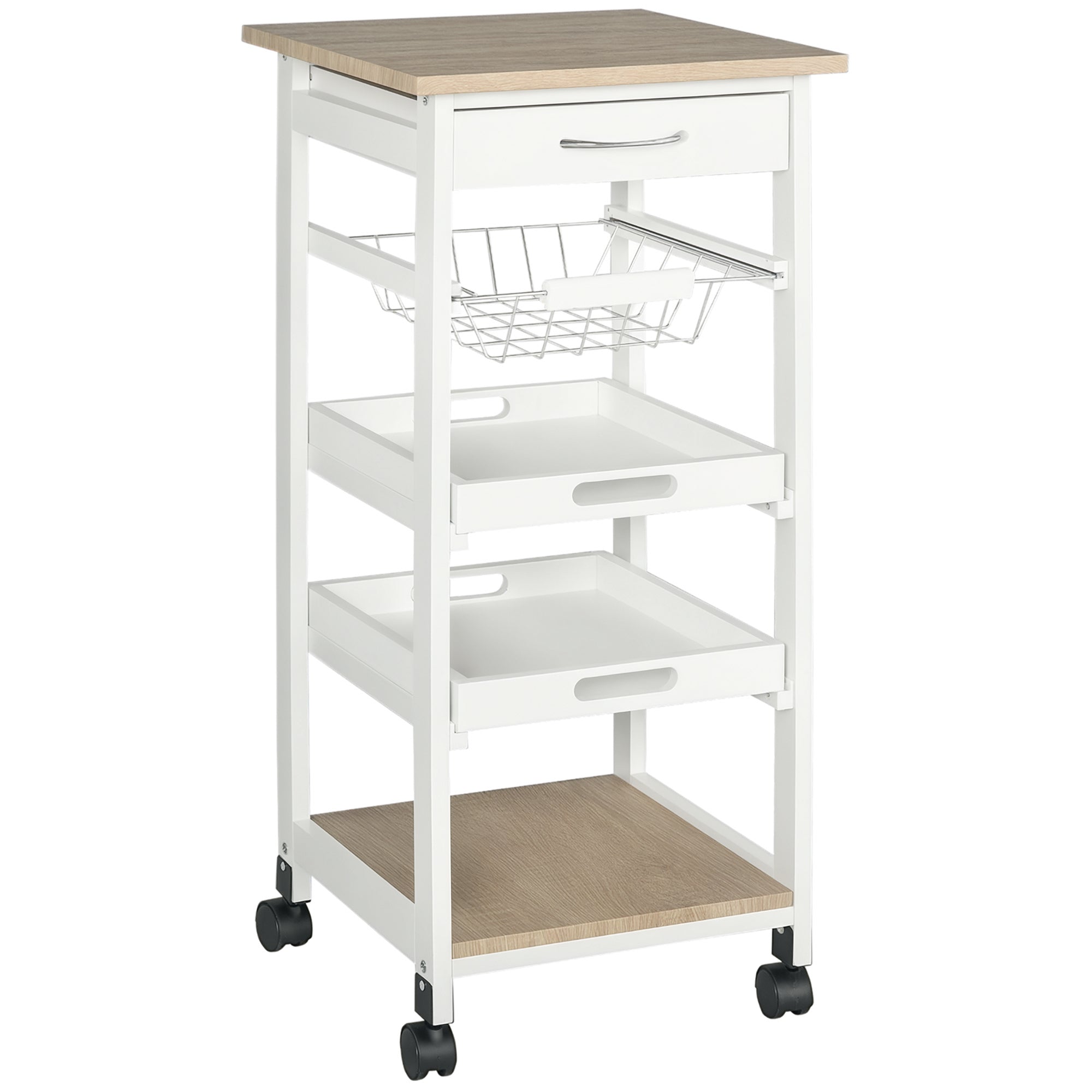 Mobile Kitchen Cart, Rolling Kitchen Island with Storage, Solid Wood Frame Utility Cart with Wire Fruit Baskets, Trays and Drawer, White