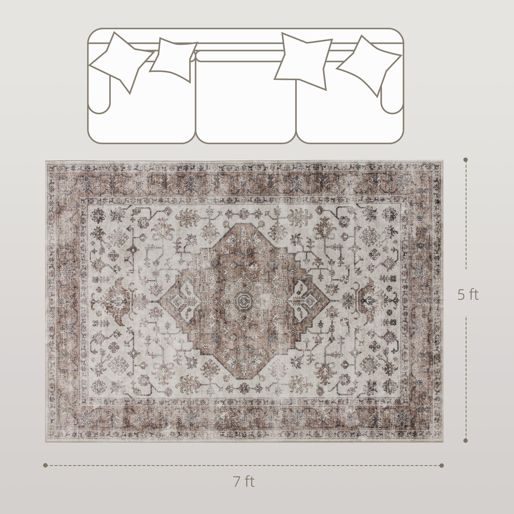 5x7 Area Rug, Vintage Machine Washable Rug, Non-Slip Floor Carpet for Living Room, Bedroom, Dining Room, Tan