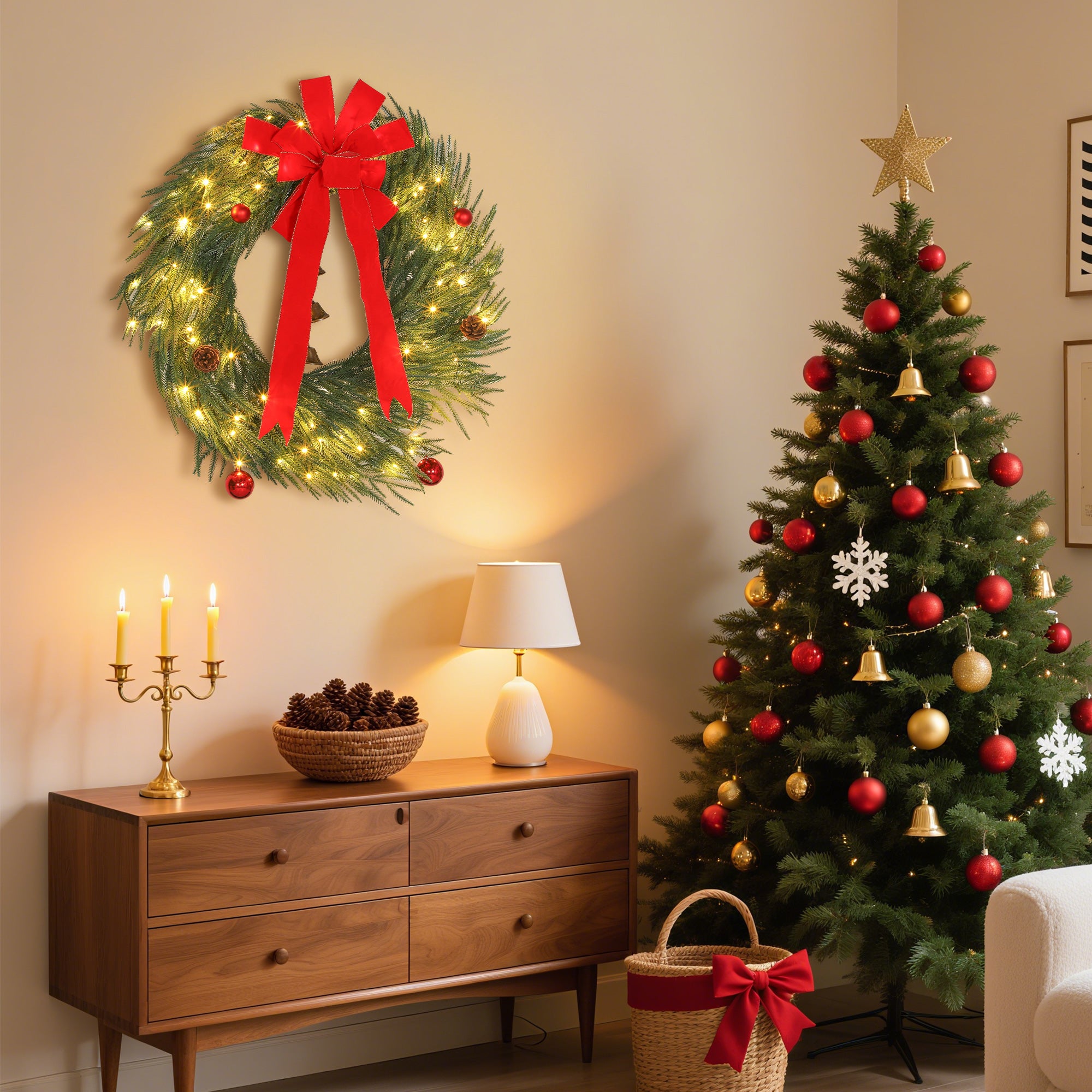 36 Inch Christmas Wreath for Front Door with LED Lights, Prelit Christmas Wreath with 8 Modes and Ornaments, Green