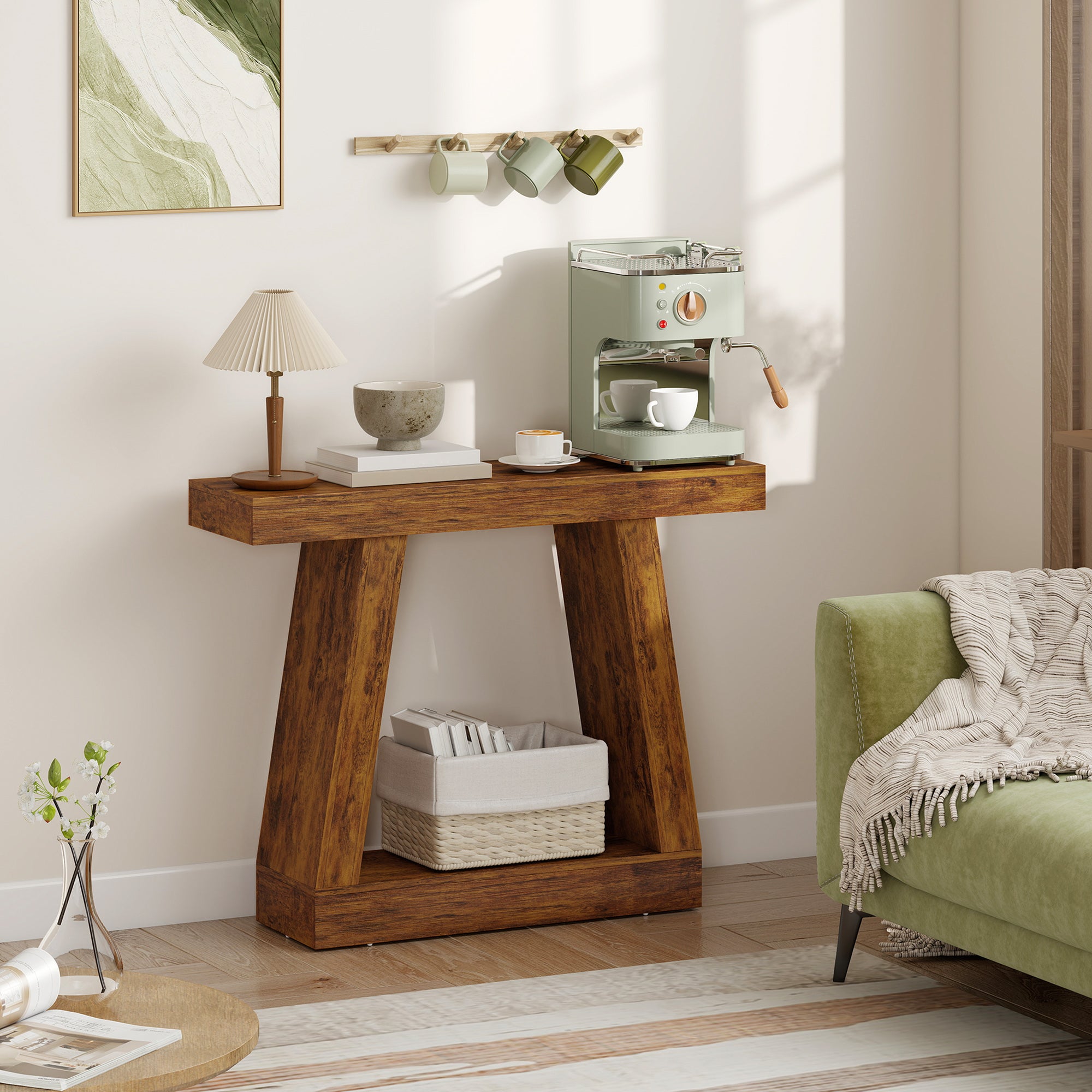42" Farmhouse Console Table, 2-Tier Entryway Table with Storage for Hallway, Living Room, Behind Couch, Rustic Brown