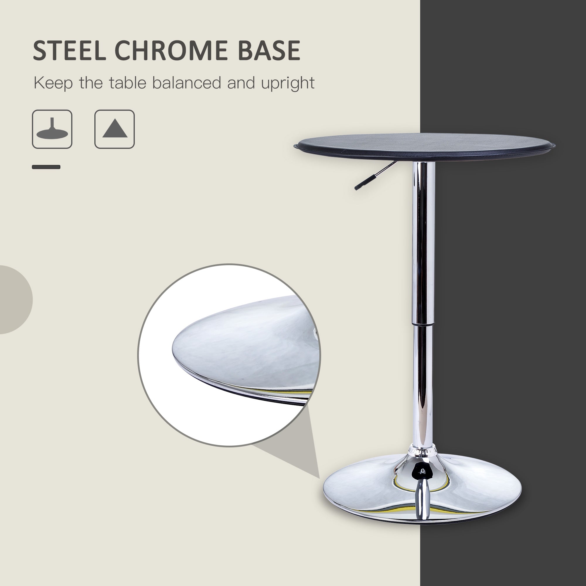 25" Classic Round Adjustable Faux Leather Chrome Standing Bistro Table, Black