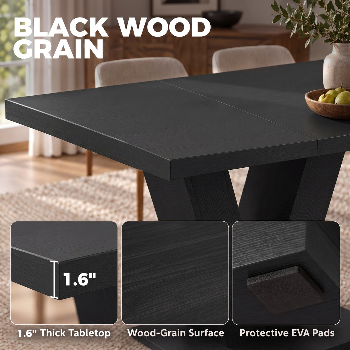Modern Dining Table for 4 People, 47.2" Kitchen Table for Dining Room and Living Room, Rectangular, Black Wood Grain