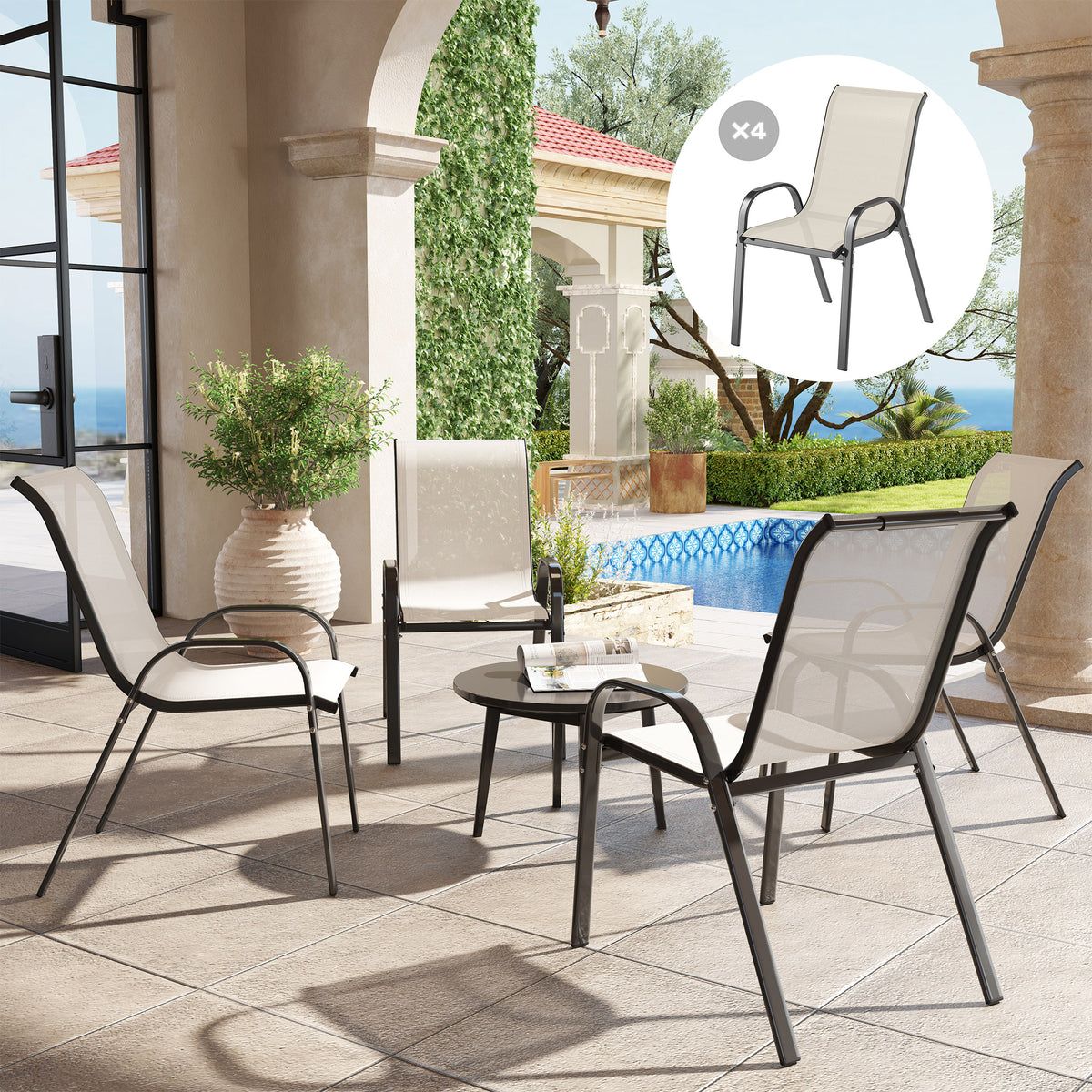 Set of 4 Outdoor Dining Chairs, Stackable Patio Chairs with High Back, Breathable Mesh Seat for Garden Lawn, Beige