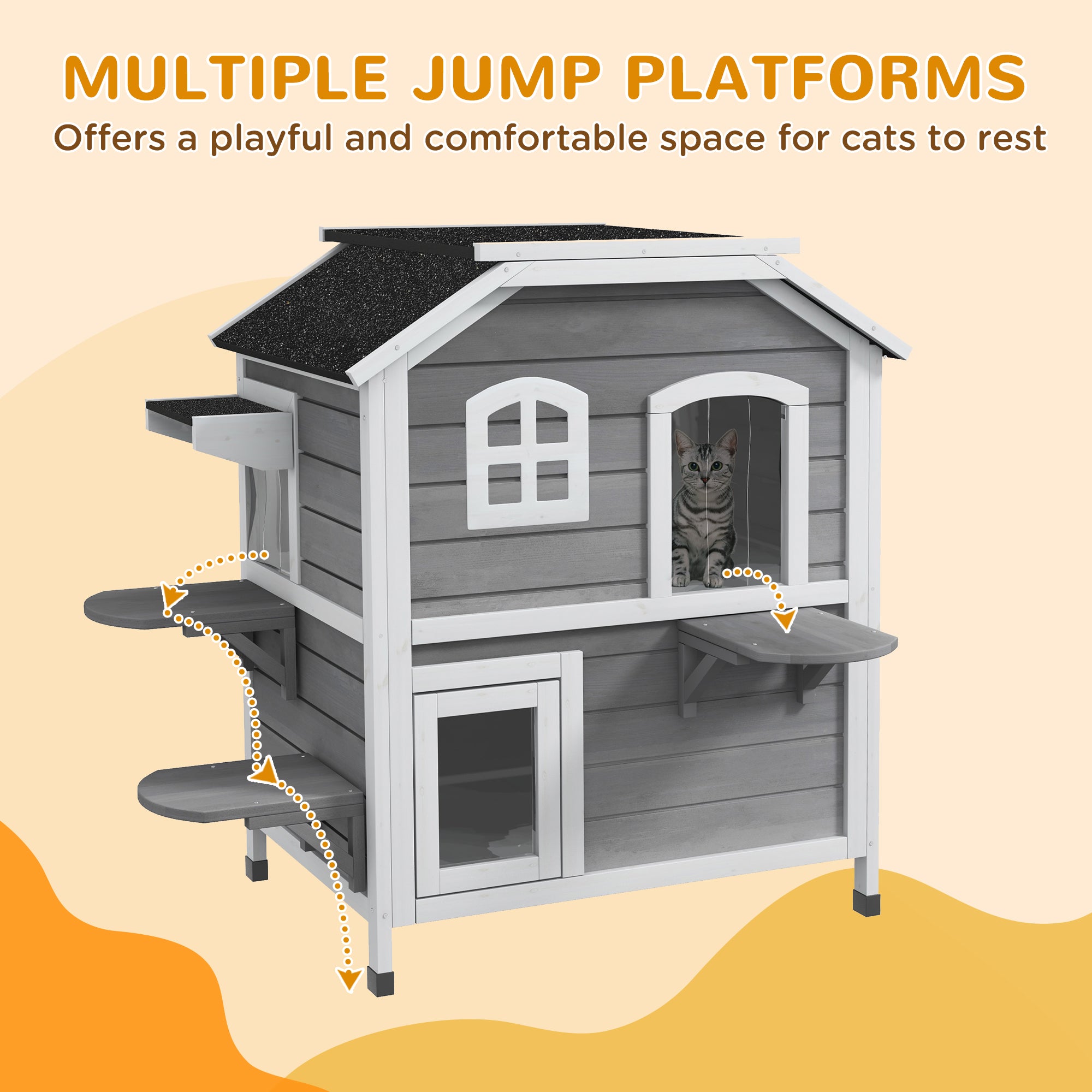 2-story Cat House Outdoor, Weatherproof Wooden Cat Enclosure for Feral Cats with Escape Door, Openable Roof, Jumping Platforms, Gray - Gray - Image 7