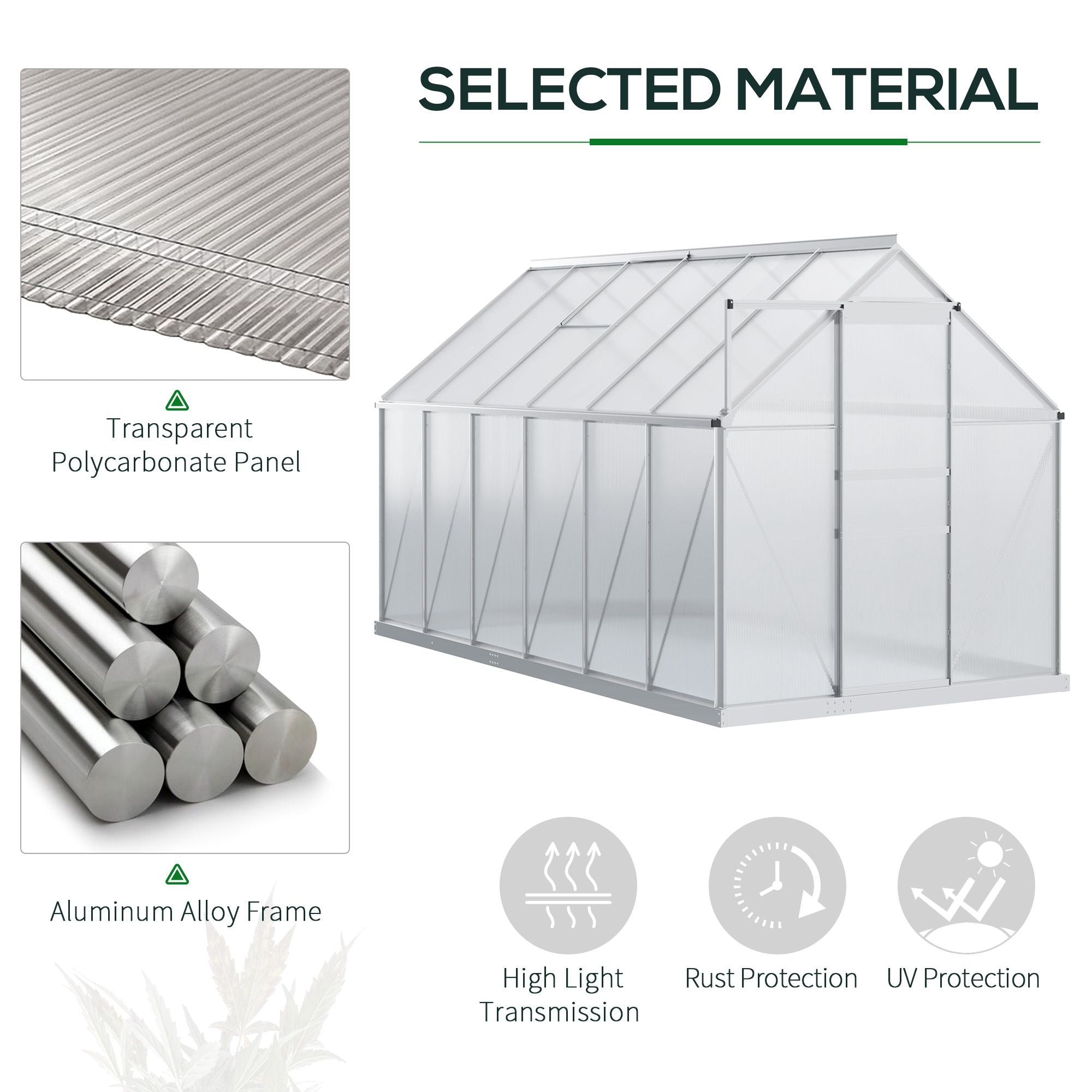 12' x 6' x 6.5' Polycarbonate Greenhouse with Aluminum Frame, Walk-in Heavy Duty Green House with Adjustable Roof Vent, Rain Gutter and Sliding Door for Winter, Silver - Silver - Image 4