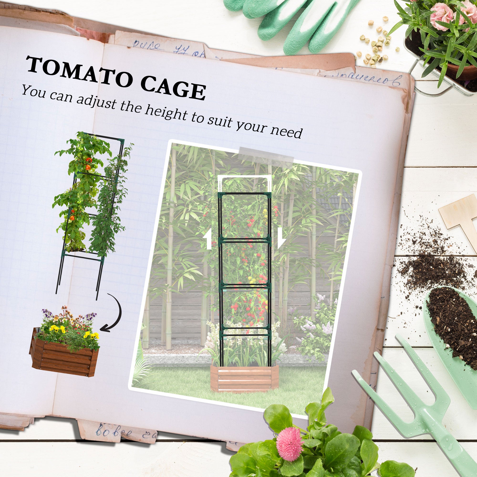 Galvanized Planter Box, 24" x 24" x 73.5" Raised Garden Bed with Tomato Cage for Climbing Vines, Brown - Brown - Image 4