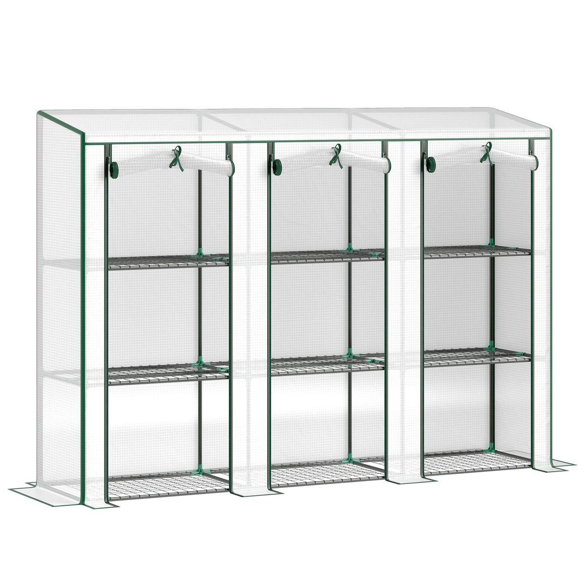 84.6" x 18.1" x 56.7" Lean-to Mini Greenhouse, 3-Tier Shelves, 3 Roll-Up Doors, PE Cover, White