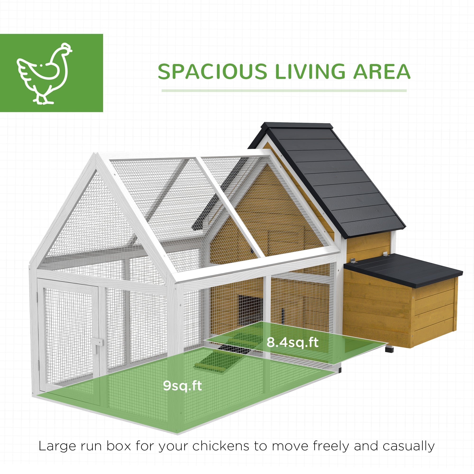 65" Chicken Coop Wooden Chicken House Rabbit Hutch Poultry Cage Hen Pen Backyard with Nesting Box, Ramp, Run, Yellow - Natural Wood - Image 4