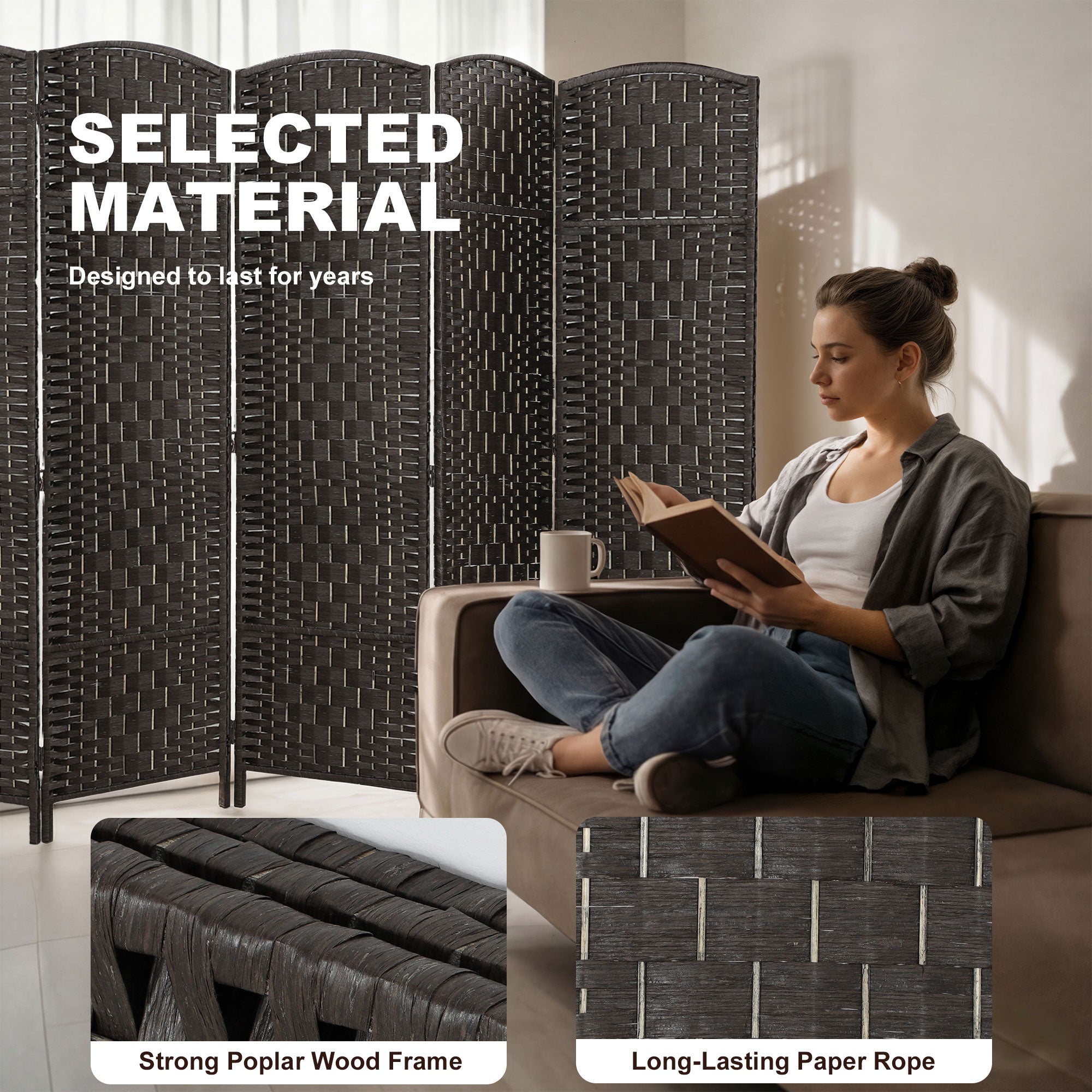 Room Divider, 6 Panel Folding Privacy Screen, 6FT Tall Portable Weave Partition Wall Divider for Bedroom, Coffee