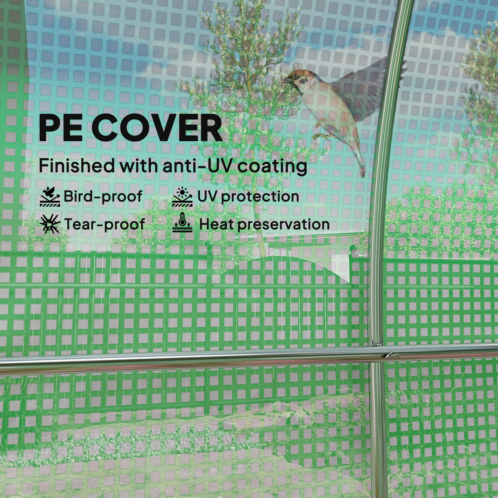 Hoop House Greenhouse, Walk-in Tunnel Greenhouse with 2 Support Rods, Zippered Roll-up Mesh Door, 14.6'x6.5'x6.6', Green - Green - Image 5