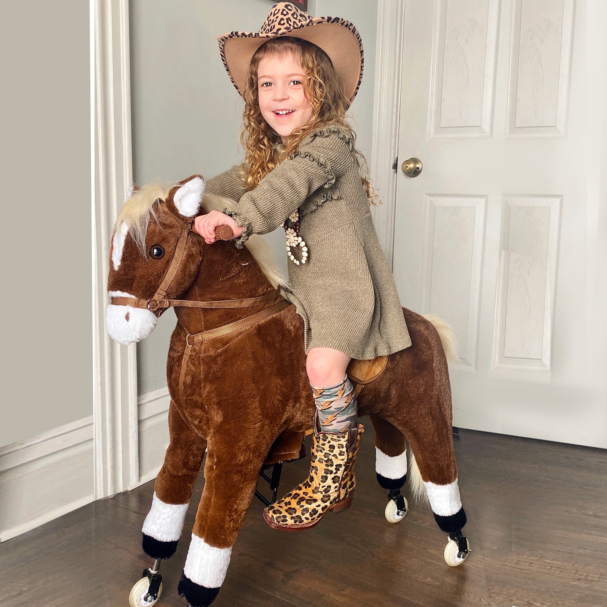 Kids Ride-on Walking Horse with Easy Rolling Wheels, Soft Huggable Body, & a Large Size for Kids 5-16 Years