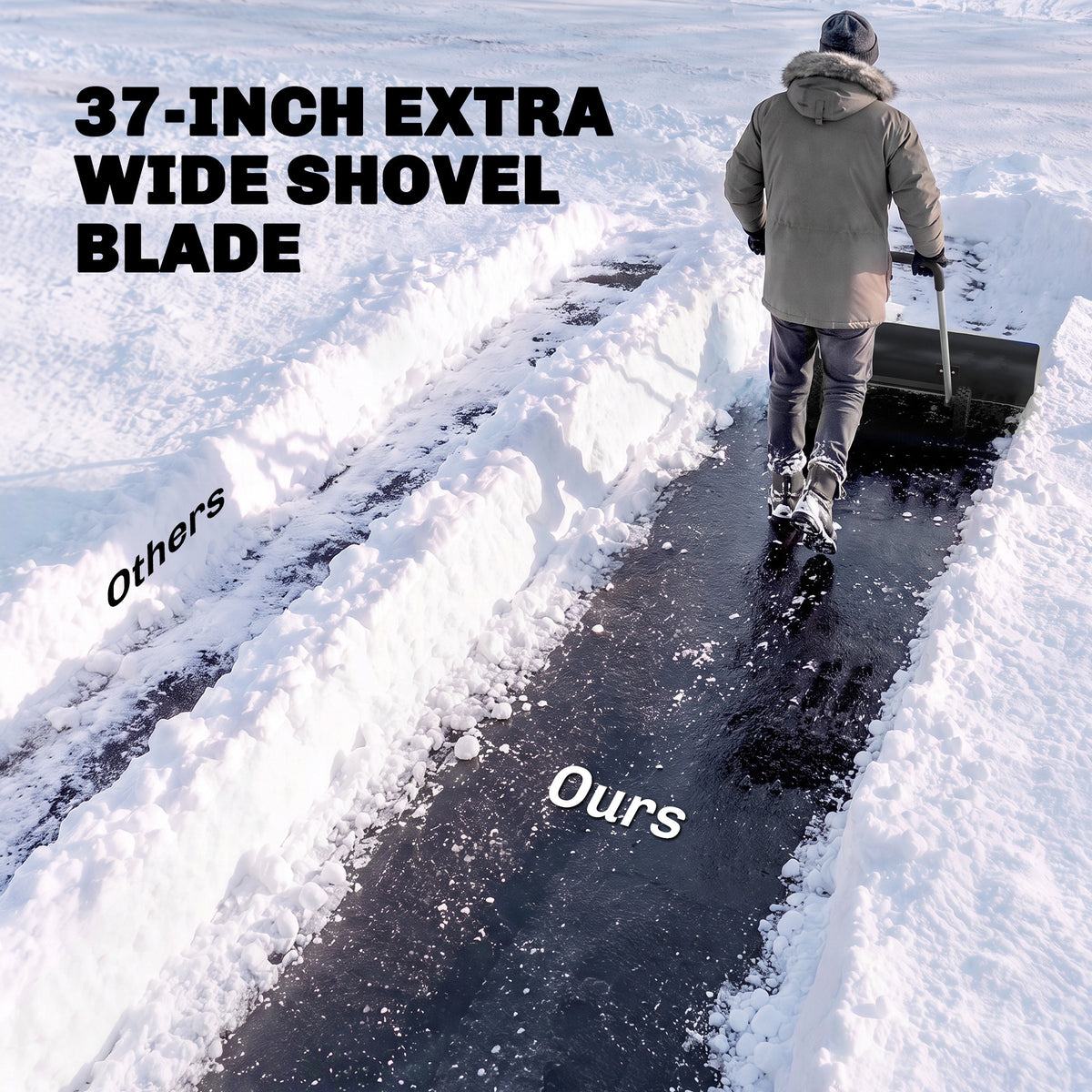 37-Inch Extra Wide Snow Shovel with Wheels, Heavy Duty Aluminum Snow Pusher with Ergonomic Adjustable Handle, Black