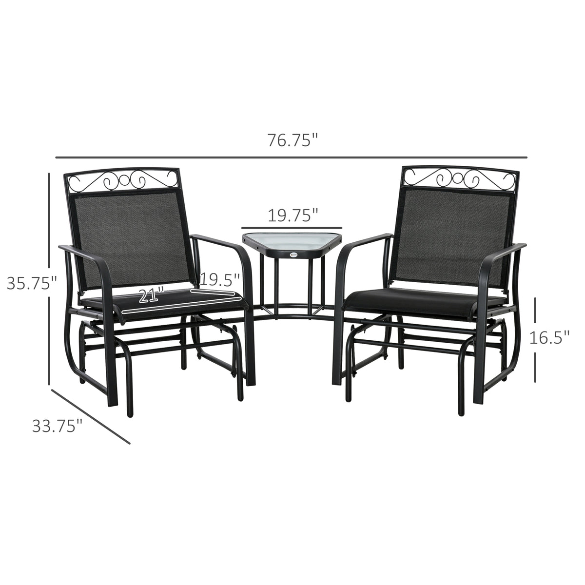 Outdoor Glider Chairs with Coffee Table, Patio 2-Seat Rocking Chair Swing with Breathable Sling for Backyard, Black