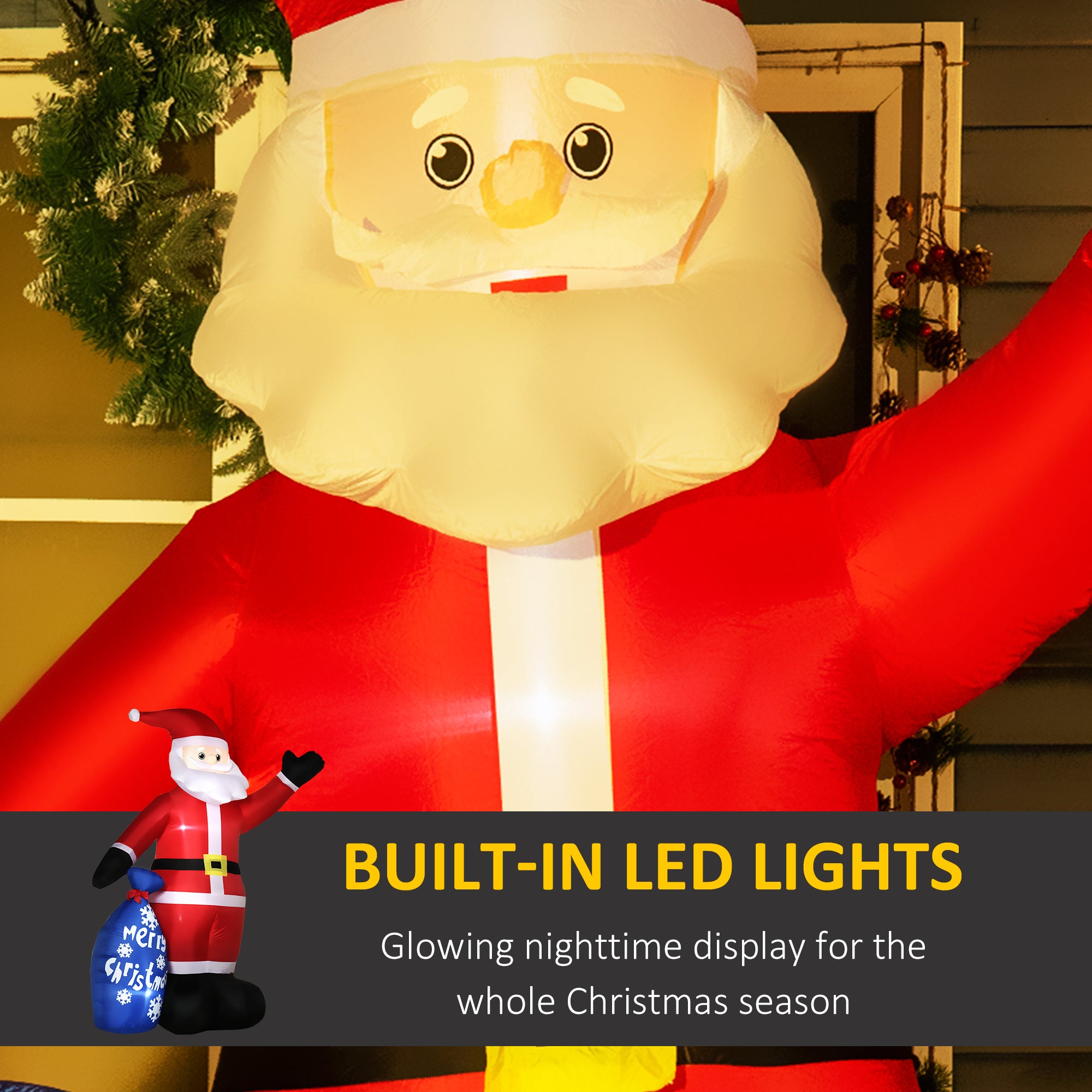 8ft Christmas Inflatables Outdoor Decorations Smiling Santa Claus with Gift Bag, Blow-Up LED Yard Christmas Decor for Lawn Garden Party