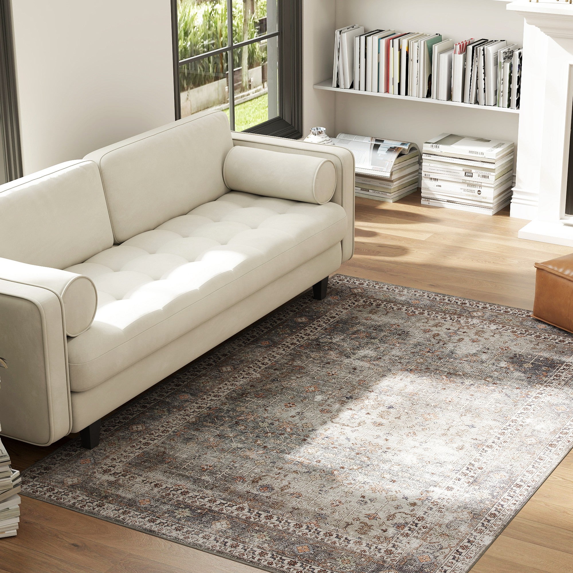 Machine Washable Area Rug 4x6, Non-Slip Traditional Floor Cover Foldable Carpet for Living Room, Dark Mixed-Brown
