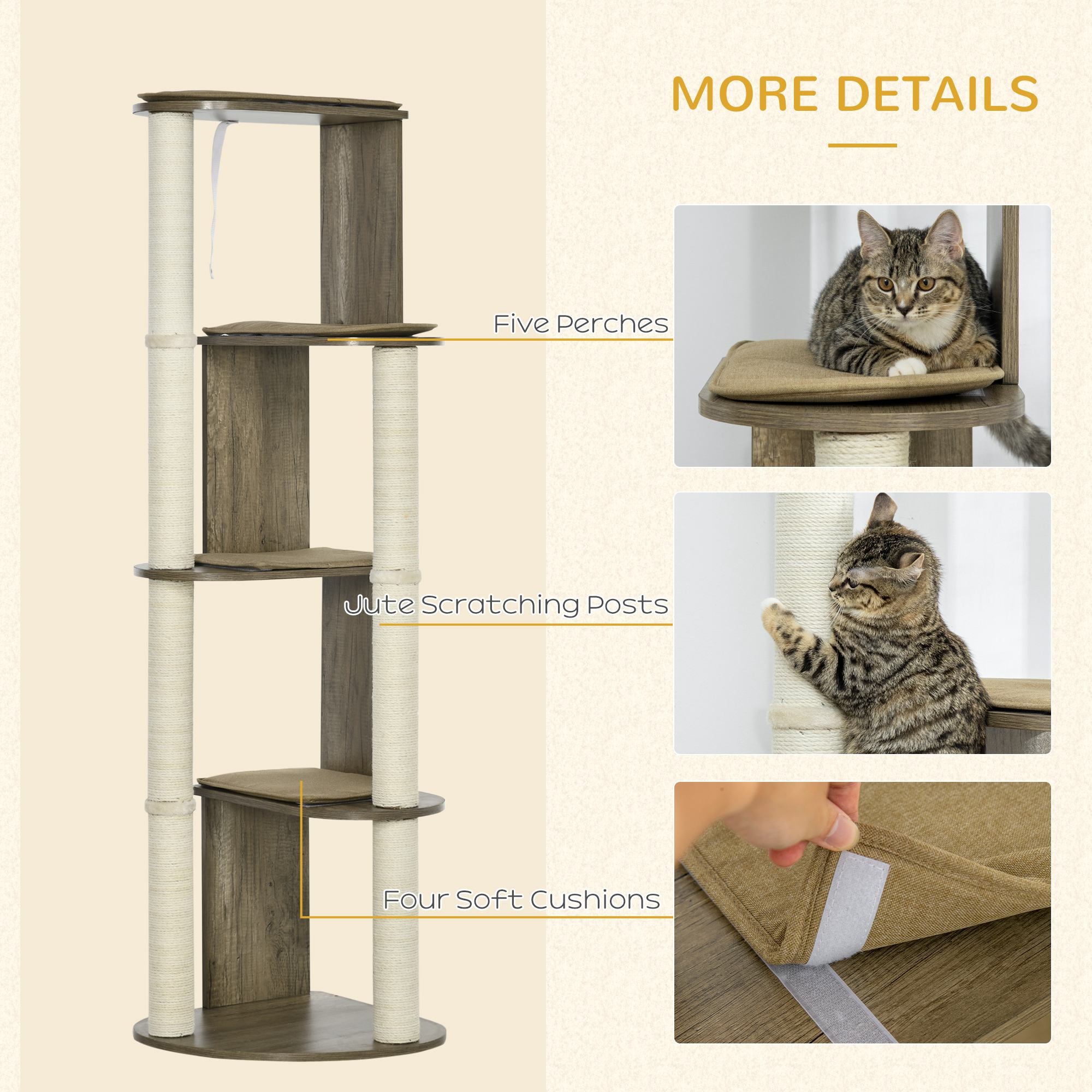 65" Corner Modern Cat Tree Tall for Climbing, Large Multilevel Cat Tower with Scratching Posts, Small-Fit Kitten Tower with Sisal, Cream White - Cream White - Image 5