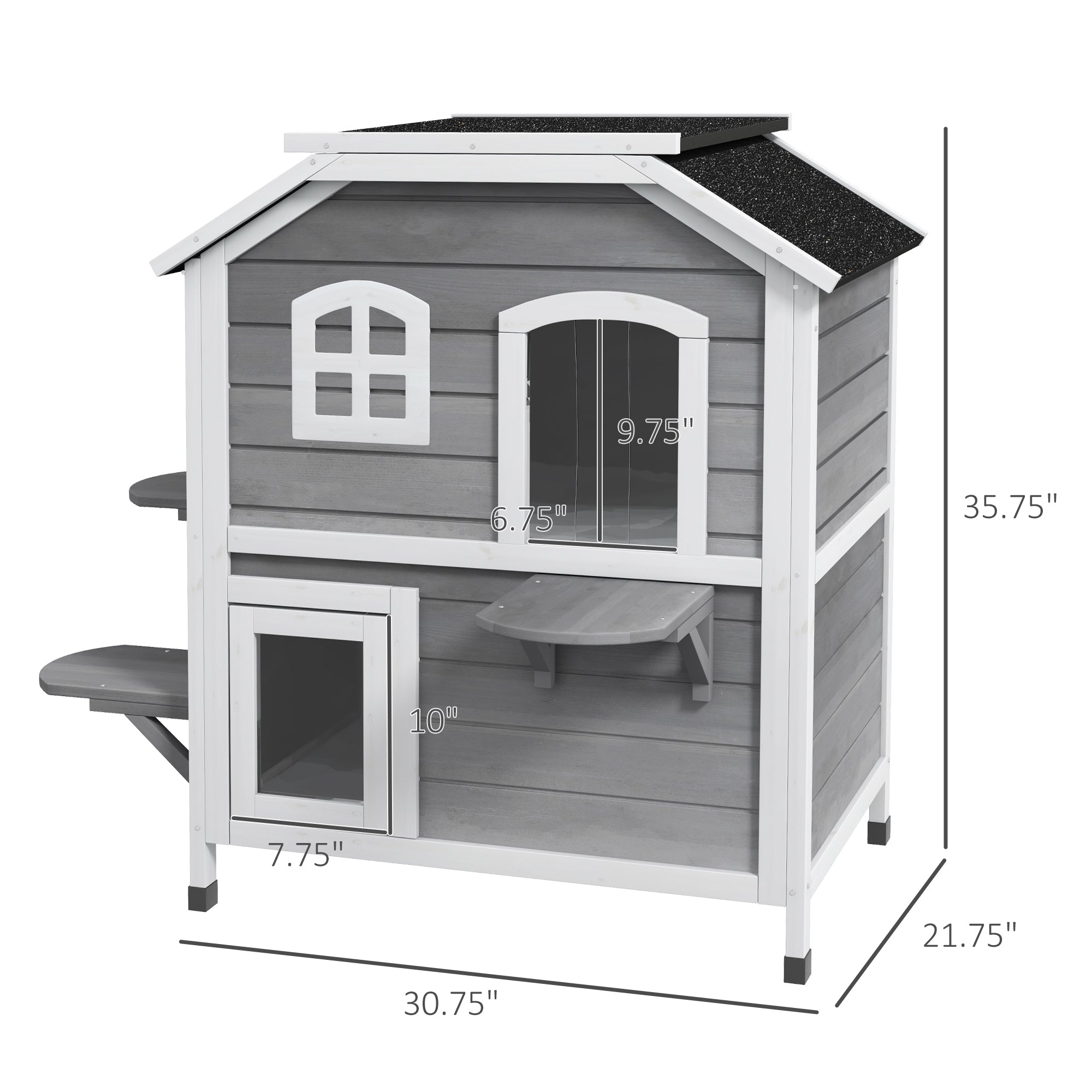 2-story Cat House Outdoor, Weatherproof Wooden Cat Enclosure for Feral Cats with Escape Door, Openable Roof, Jumping Platforms, Gray - Gray - Image 3