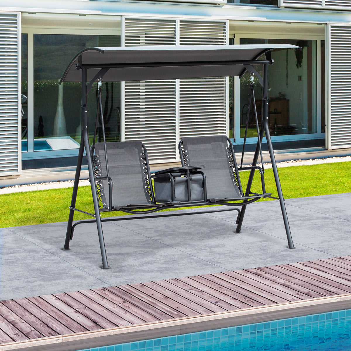 2-Seat Outdoor Porch Swing, with Pivot Storage Table, Cup Holder, & Adjustable Overhead Canopy, Stand's Skid-Resistant Feet Pad, Breathable Mesh Seat, Steel Frame, for Patio, Gray