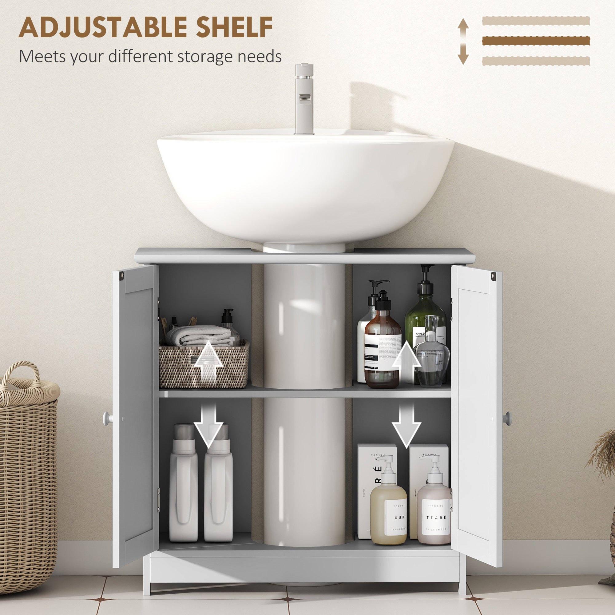Bathroom Vanity Cabinet, Under Sink Bathroom Cabinet with 2 Doors and Adjustable Shelf, Light Gray