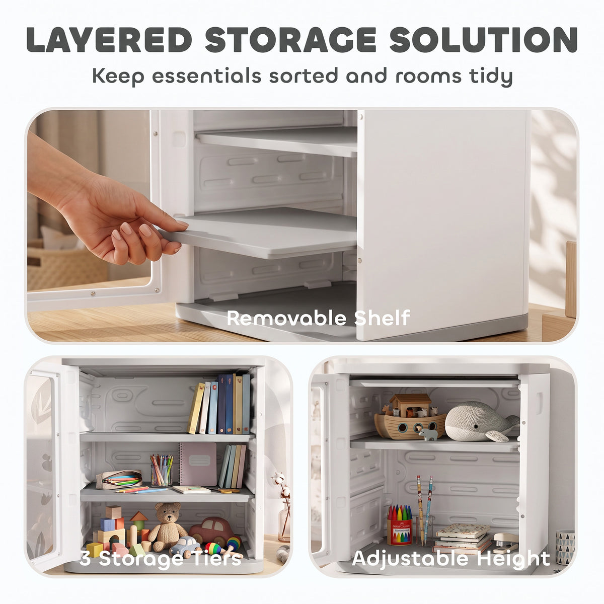 Toy Storage Organizer, 3 Tier Adjustable Toy Storage Cabinet Dustproof HDPE Plastic, Transparent Door, White