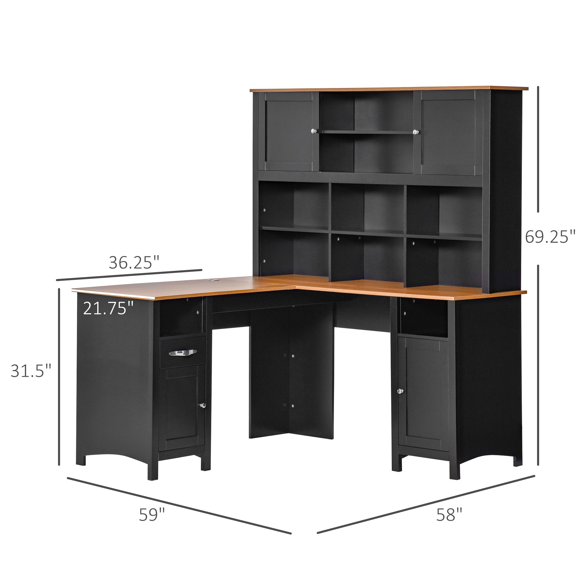 L Shaped Computer Desk with Hutch, 59" Corner Desk, Space Saving Home Office Desk with Storage Shelves, Drawer and Cabinet, Black