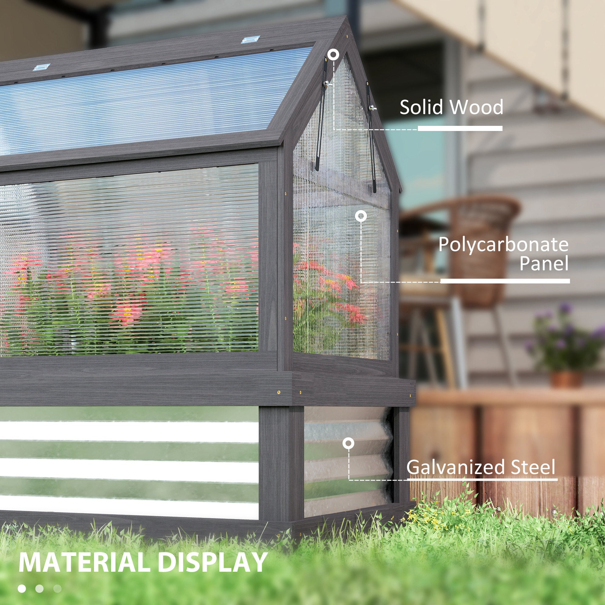 Raised Garden Flower Bed Kit with Greenhouse, Wooden Cold Frame Planter, 35.5" x 22.5" x 38.25", Gray - Gray - Image 6