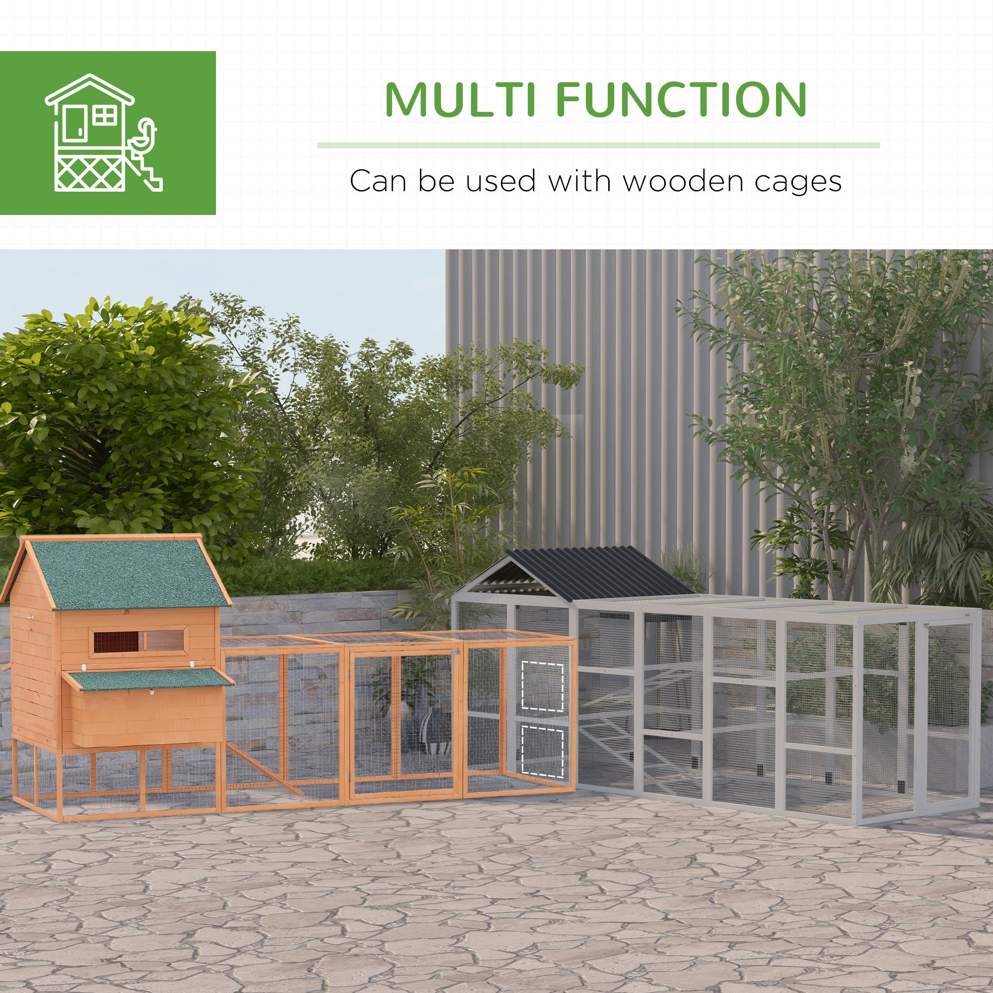 Wooden Chicken Coop Run for 6 - 10 Chickens, Hen House Add-On with Storage, Perches, 141.75" x 48" x 61", Gray - Gray - Image 5