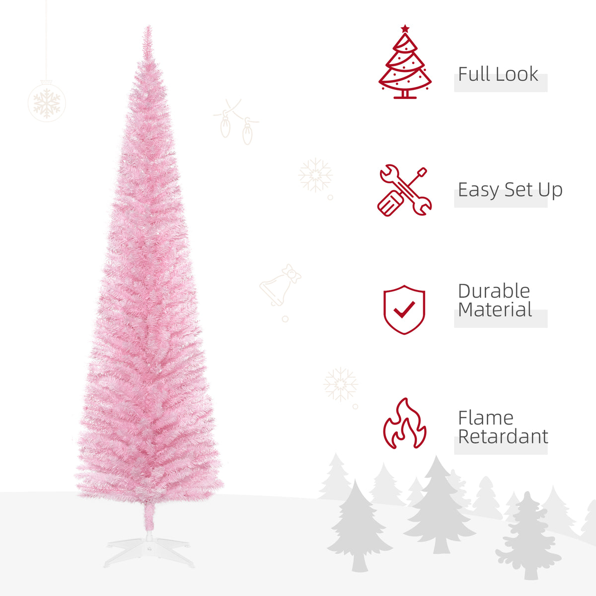 7ft Unlit Pencil Artificial Christmas Tree with Realistic Branches and 499 Tips, Plastic Base, Pink
