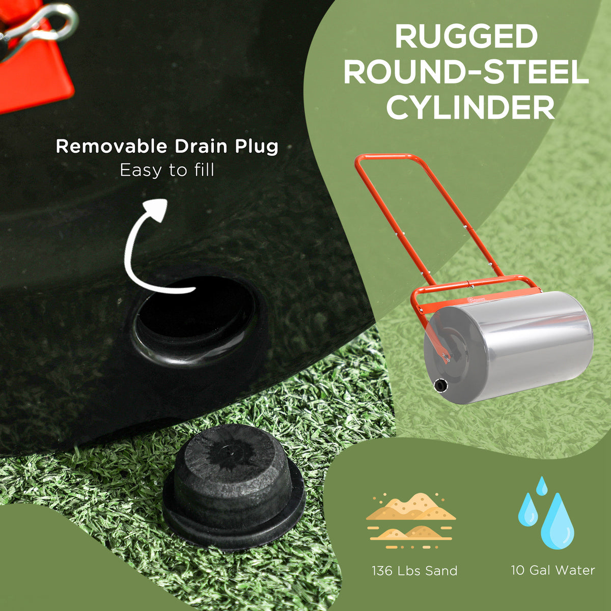 20-Inch Push/Tow Behind Lawn Roller Filled with 10 Gal Water or Sand for Flattening Sod in the Garden, Red